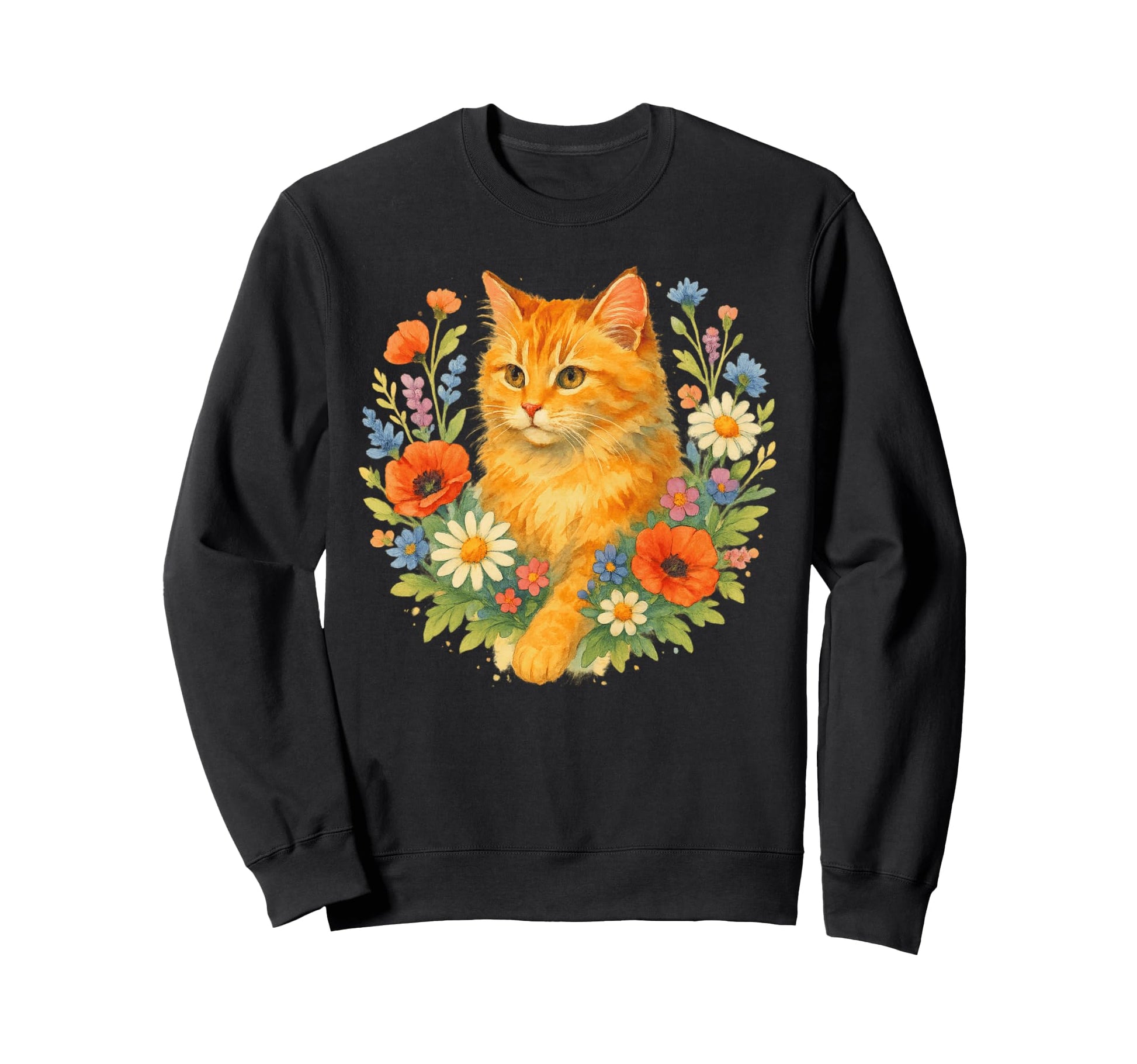 Floral Orange Cat Surrounded Sweatshirt - Casual Everyday Wear for Adults - T-Shirt, Sweatshirt, Hoodie