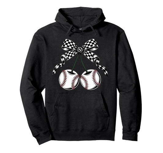 Baseball Cherries Coquette Bow Hoodie - Custom Art Print Men Women - T-Shirt, Sweatshirt, Hoodie