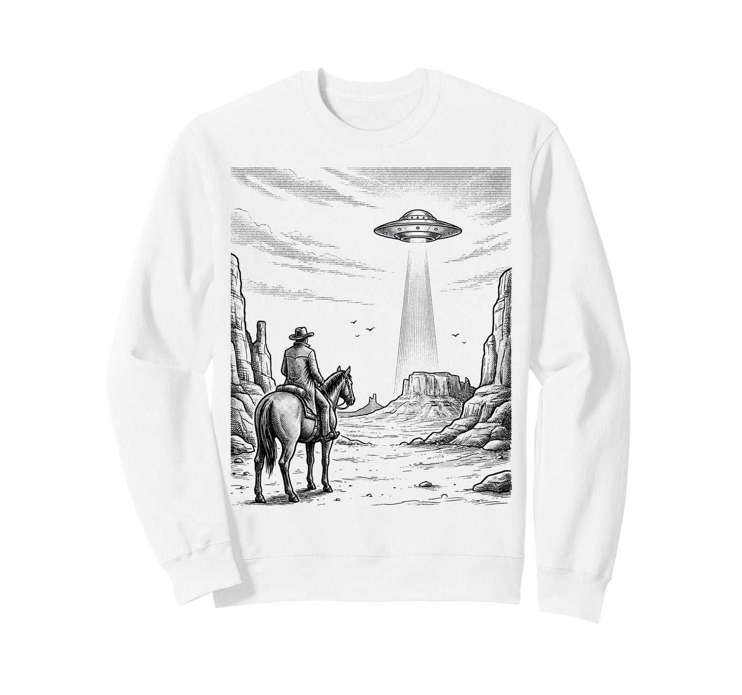 Cowboy Ufo Encounter Western Desert Sweatshirt - Graphic Print for Adults - T-Shirt, Sweatshirt, Hoodie