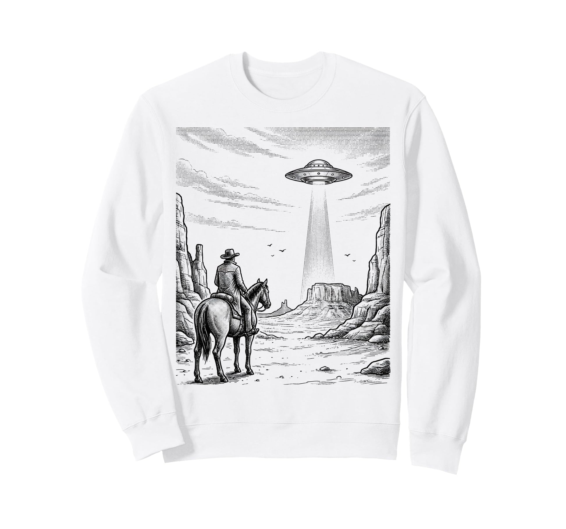 Cowboy Ufo Encounter Western Desert Sweatshirt - Graphic Print for Adults - T-Shirt, Sweatshirt, Hoodie