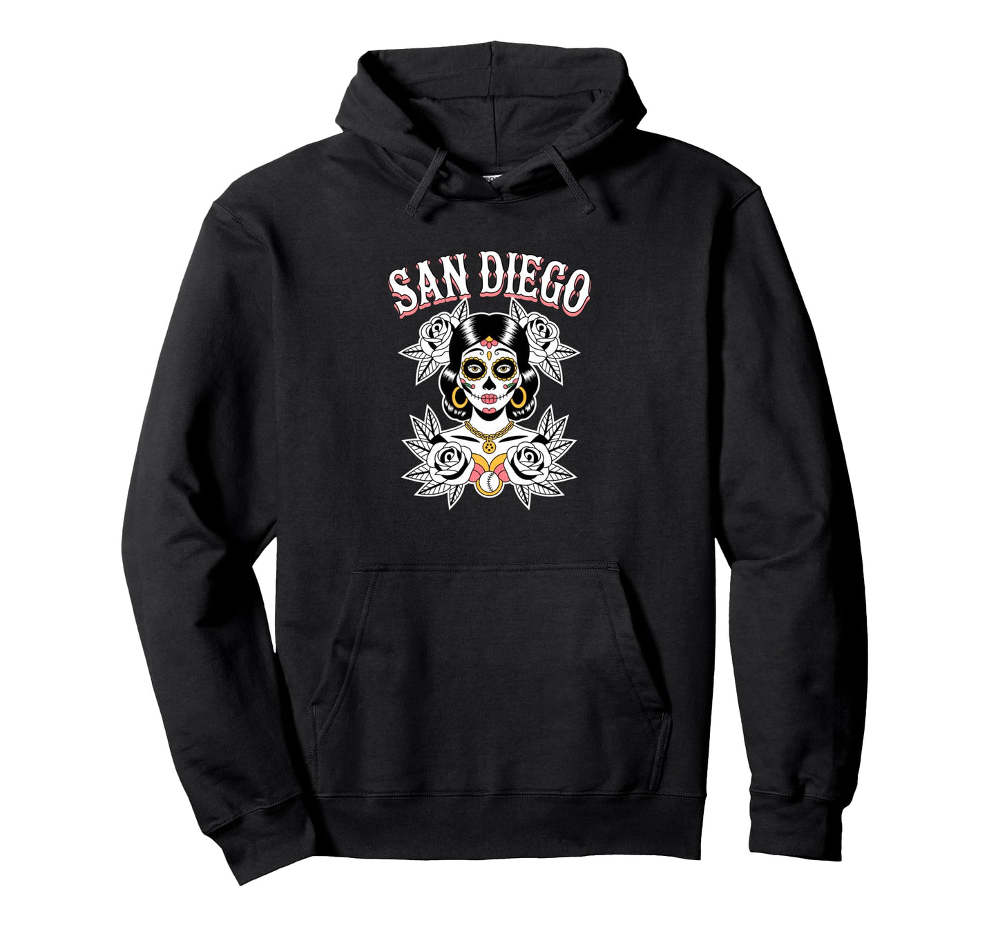 San Diego Sugar Skull Traditional Flowers Hoodie - Graphic Print Unisex - T-Shirt, Sweatshirt, Hoodie
