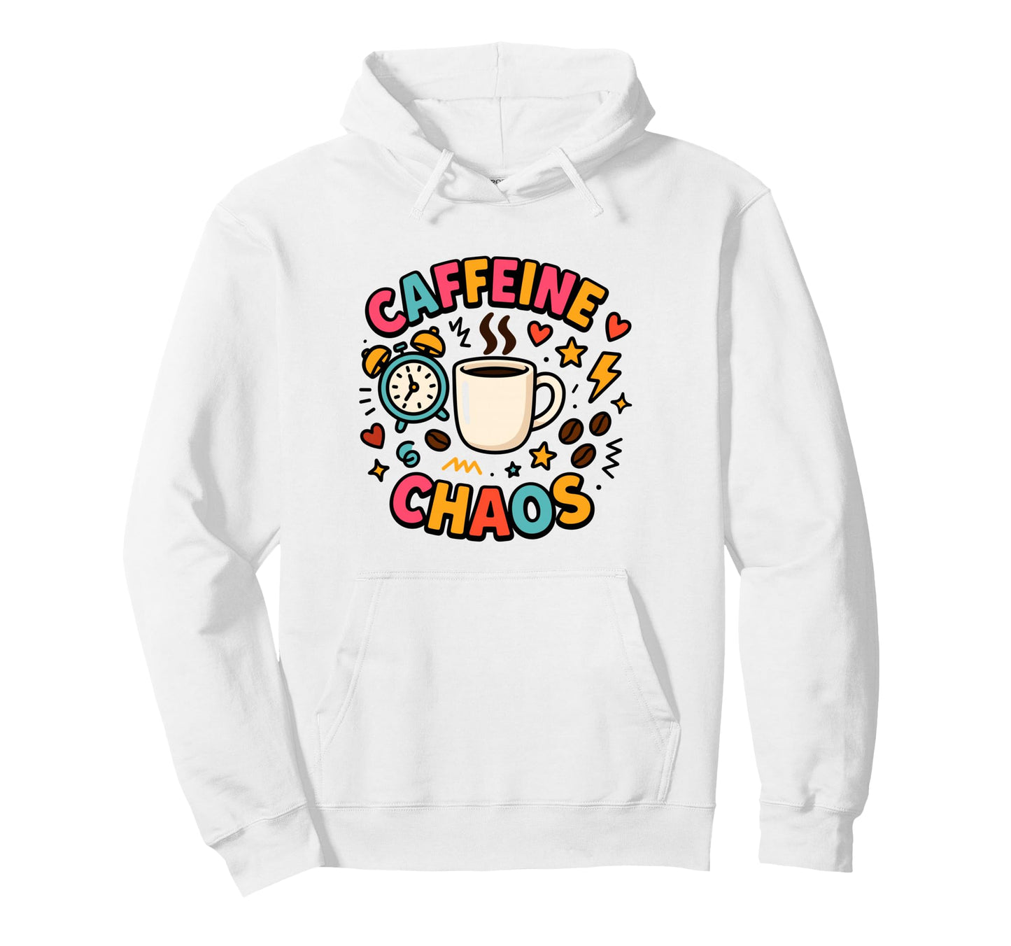 Caffeine Chaos Colorful Coffee Alarm Hoodie - Unique Graphic for Adults - T-Shirt, Sweatshirt, Hoodie