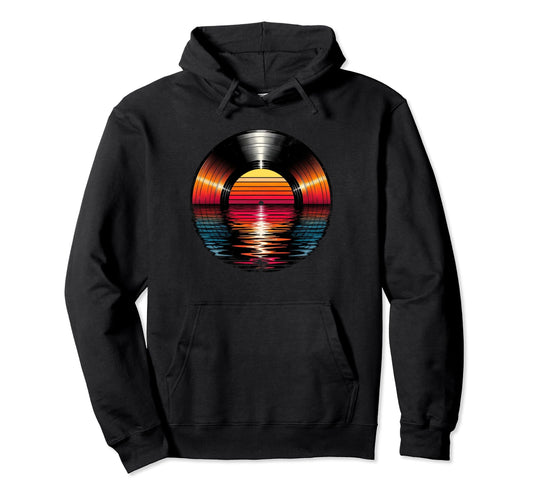 80S Vinyl Sunset Synthwave Musician Art Hoodie - Unique Graphic Unisex - T-Shirt, Sweatshirt, Hoodie