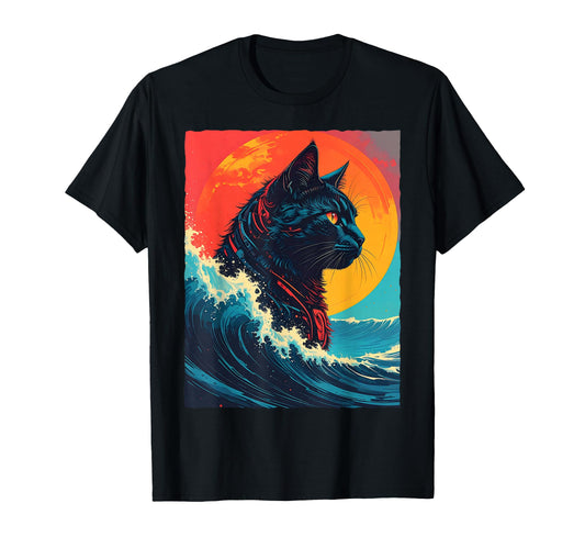 80S Synthwave Black Cat Ocean T-Shirt - Fun Novelty Design Men Women - T-Shirt, Sweatshirt, Hoodie