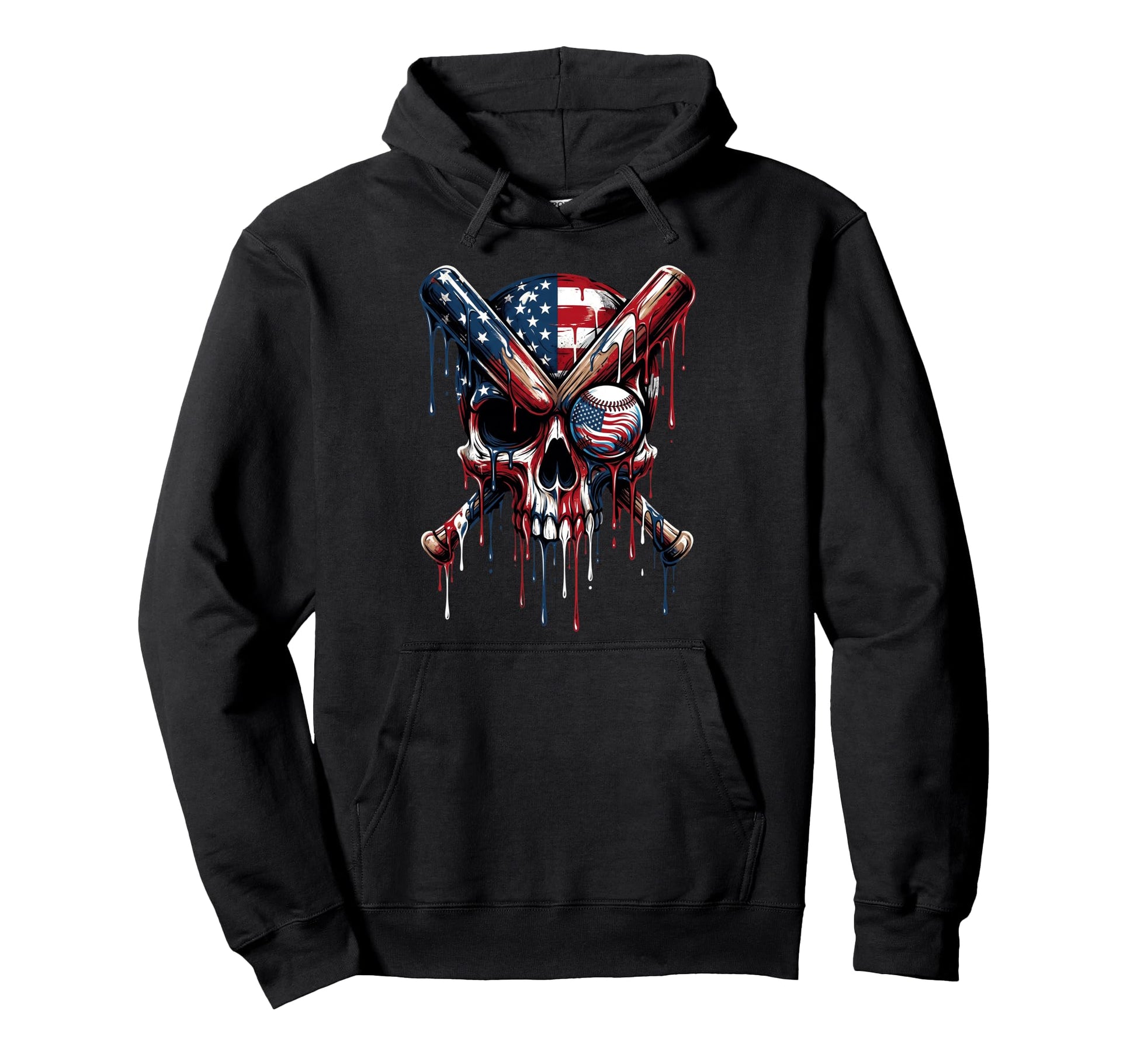 Drip Baseball American Flag Skull Hoodie - Streetwear Style for Adults - T-Shirt, Sweatshirt, Hoodie
