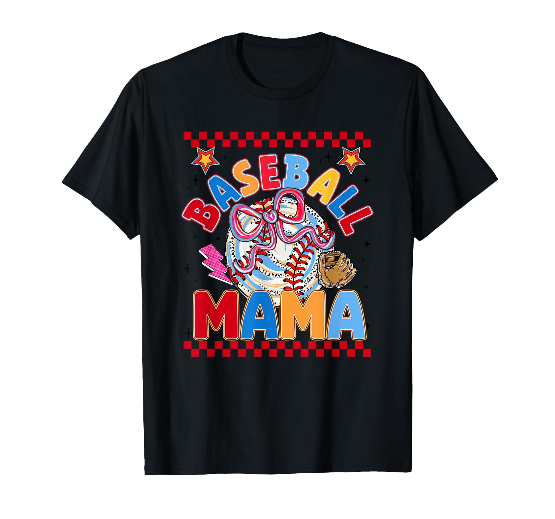 Baseball Mama Bow Glove Checkered T-Shirt - Custom Art Print for Adults - T-Shirt, Sweatshirt, Hoodie