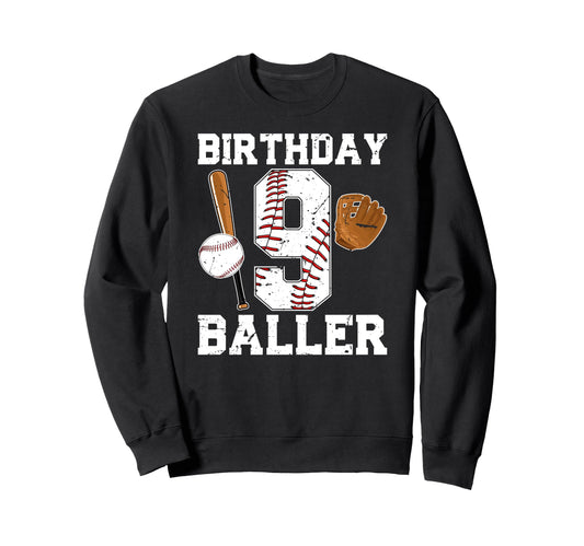9Th Birthday Baseball Nine Year Sweatshirt - Minimalist Print for Adults - T-Shirt, Sweatshirt, Hoodie