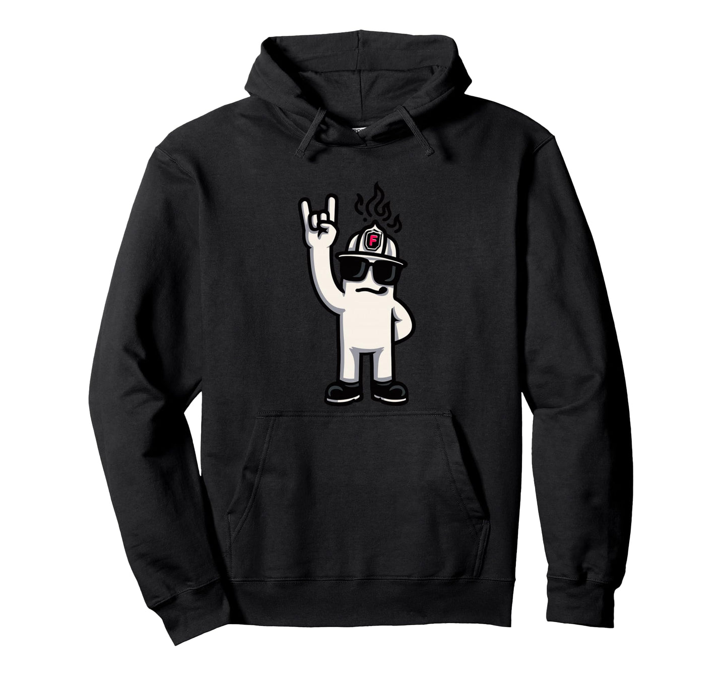 Firefighter Mascot Rock Hand Sign Hoodie - Aesthetic Graphic for Adults - T-Shirt, Sweatshirt, Hoodie
