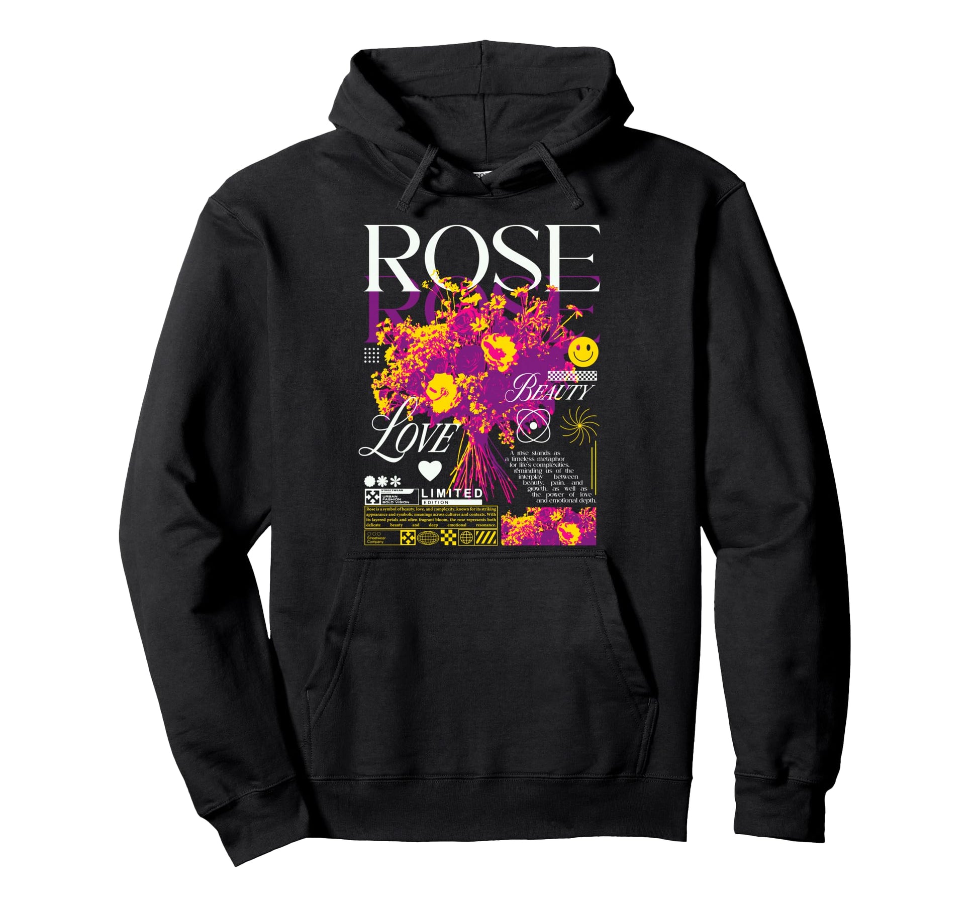 Y2K Rose Flowers Bold Urban Graffiti Hoodie - Fun Novelty Design Men Women - T-Shirt, Sweatshirt, Hoodie
