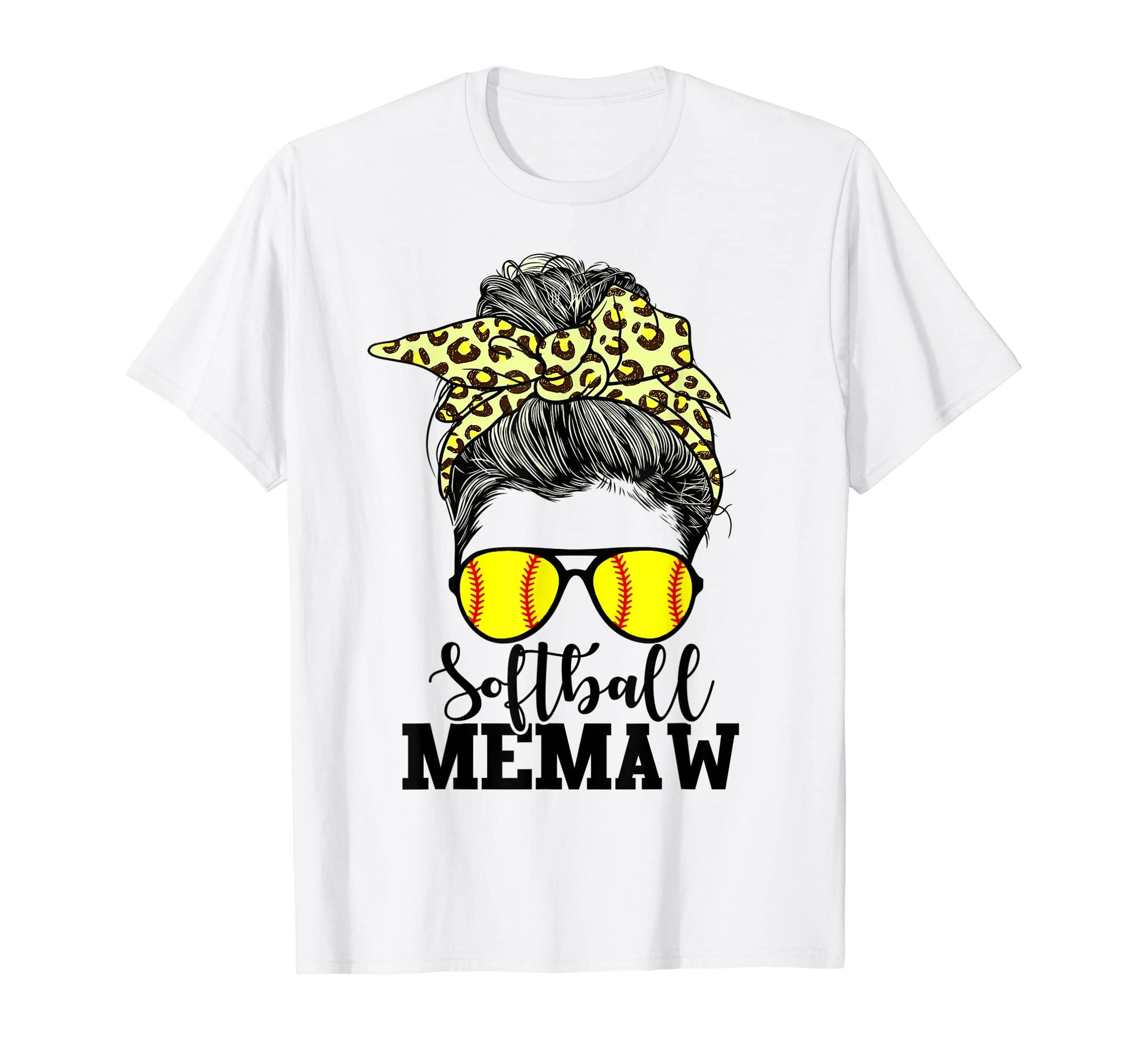 Softball Memaw Messy Bun Leopard T-Shirt - Fun Novelty Design Men Women - T-Shirt, Sweatshirt, Hoodie