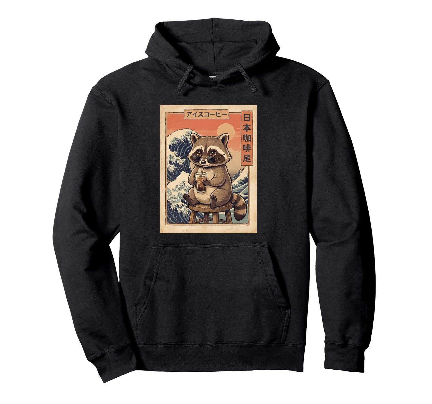 Kawaii Raccoon Iced Coffee Japanese Wave Hoodie - Trendy Graphic for Adults - T-Shirt, Sweatshirt, Hoodie