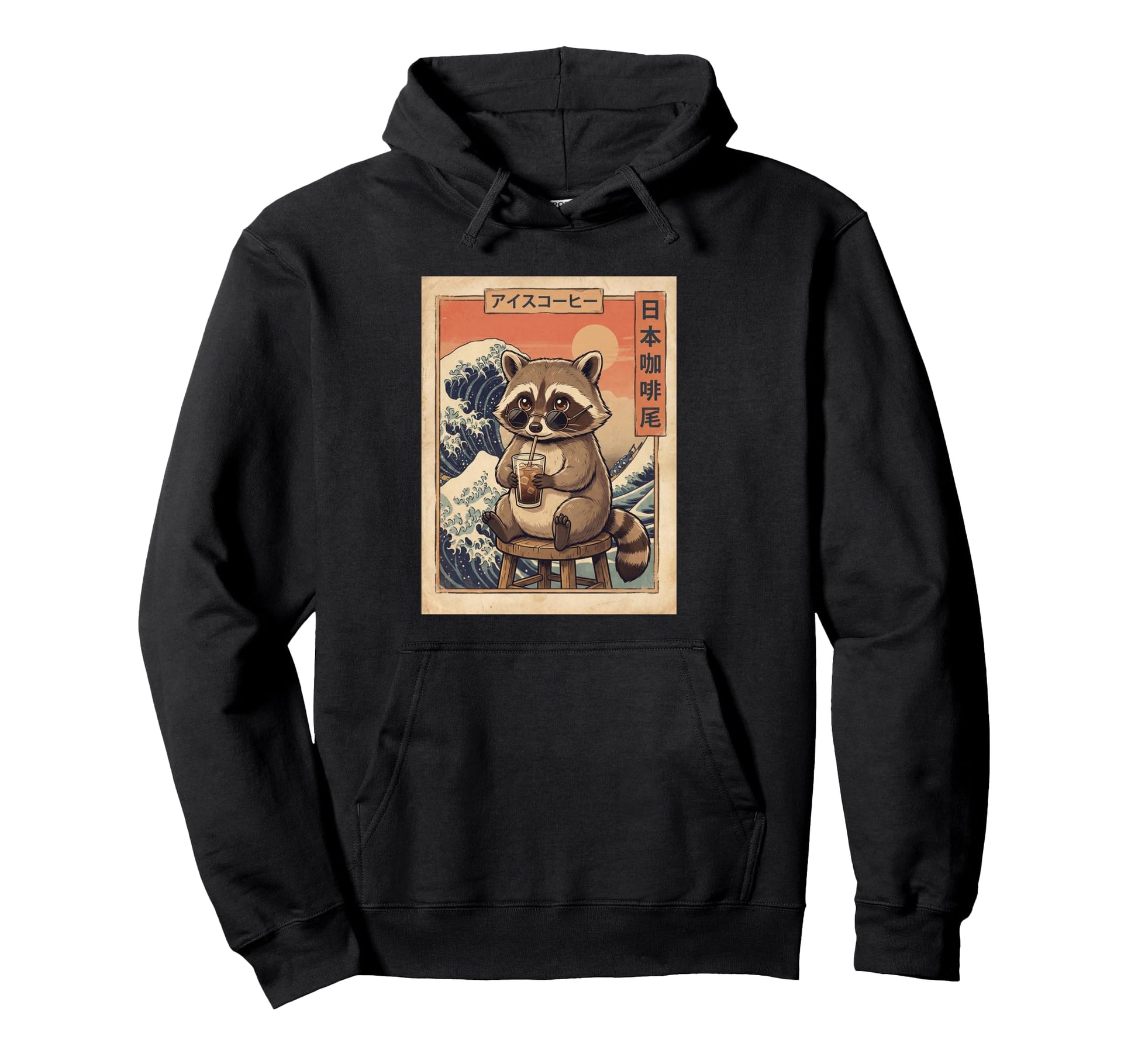 Kawaii Raccoon Iced Coffee Japanese Wave Hoodie - Trendy Graphic for Adults - T-Shirt, Sweatshirt, Hoodie