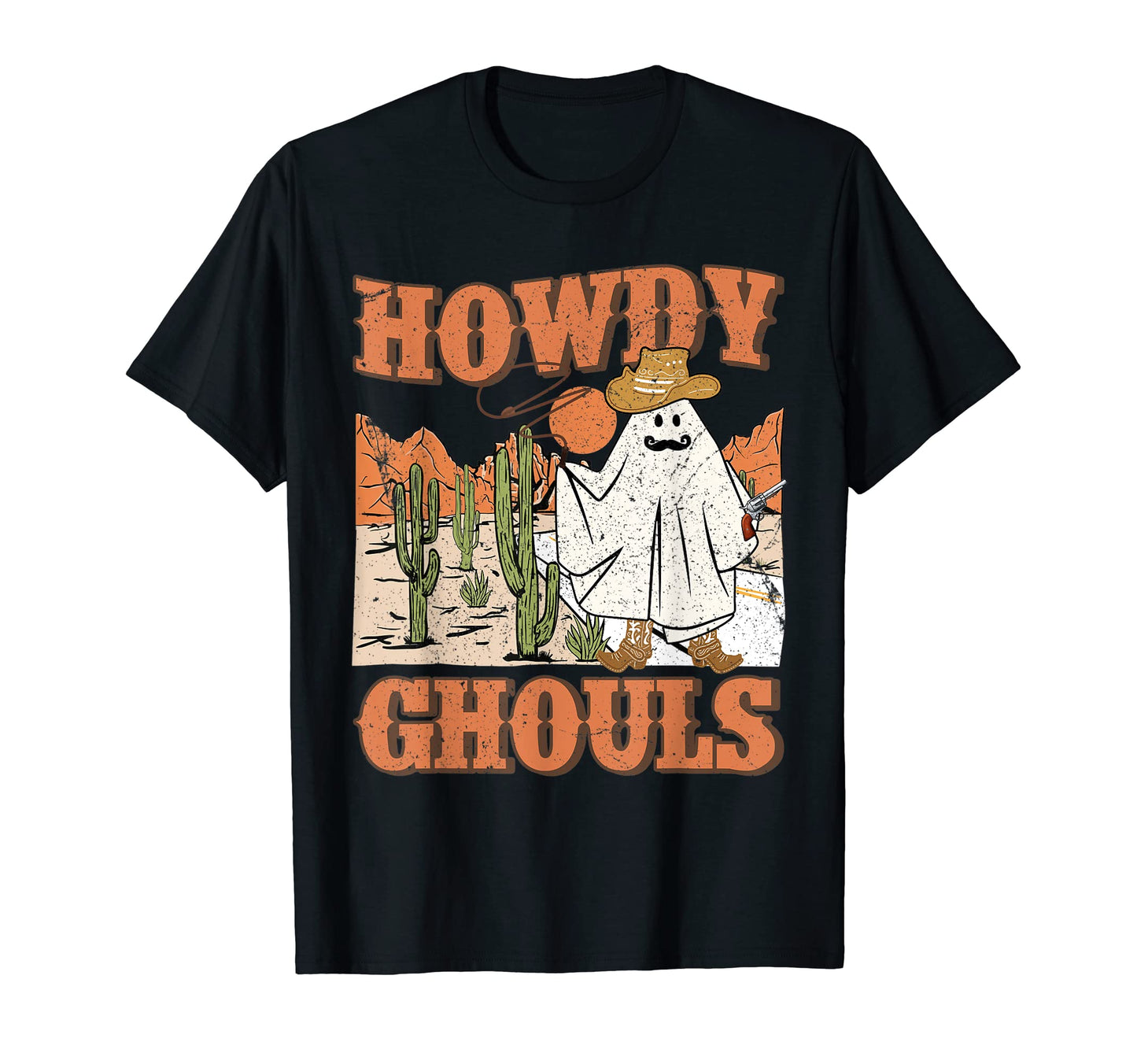 Howdy Ghouls Halloween Ghost Cowboy Gun T-Shirt - Unique Graphic Unisex - T-Shirt, Sweatshirt, Hoodie