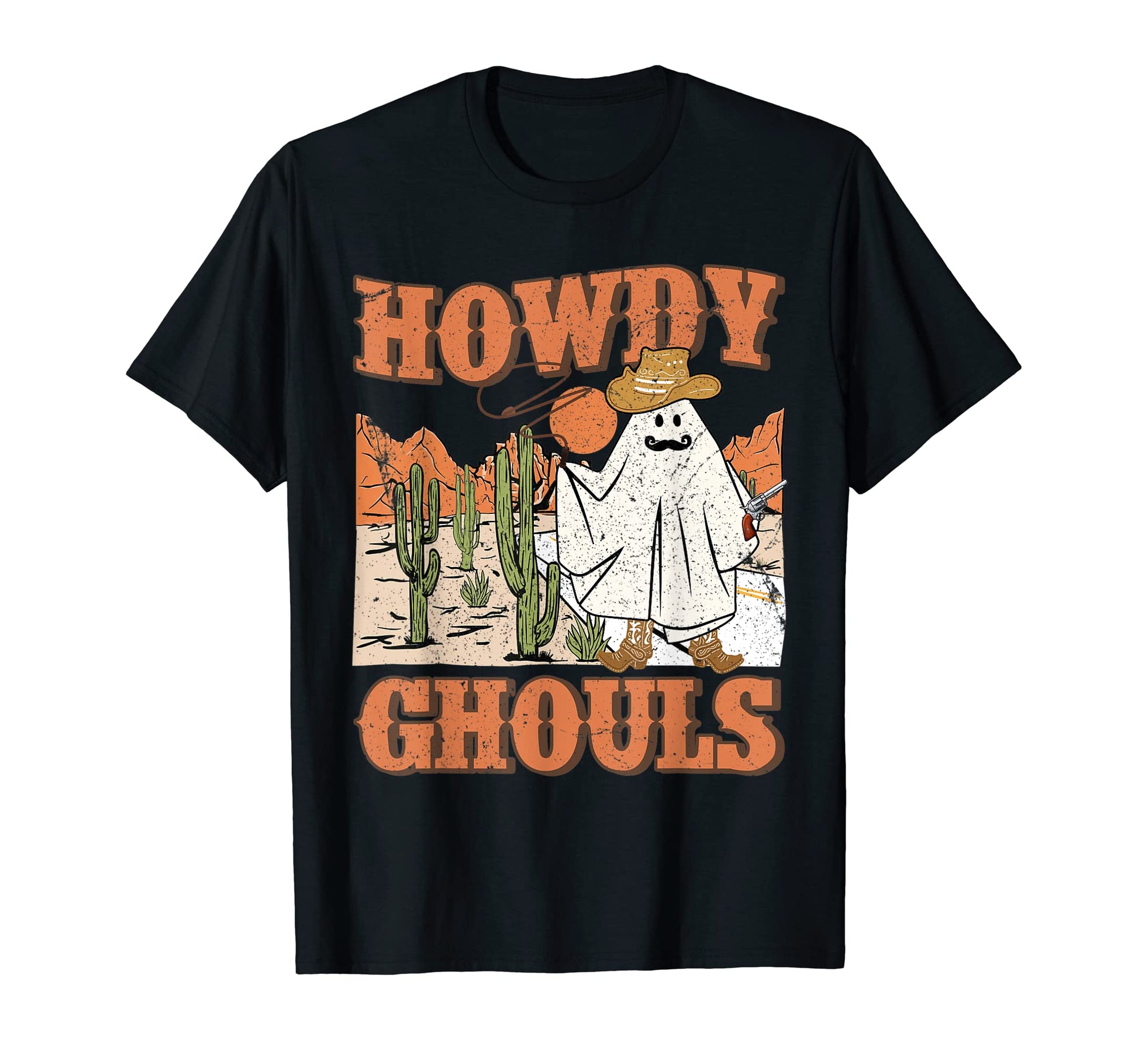 Howdy Ghouls Halloween Ghost Cowboy Gun T-Shirt - Unique Graphic Unisex - T-Shirt, Sweatshirt, Hoodie