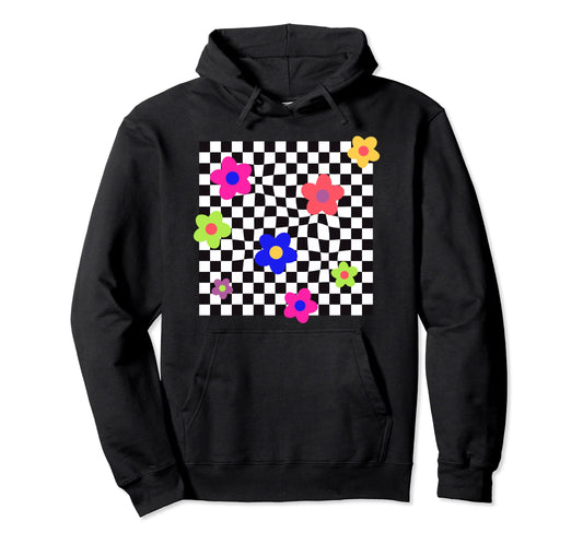 Aesthetic Y2K Flowers Black Checkered Hoodie - Novelty Apparel for Adults - T-Shirt, Sweatshirt, Hoodie
