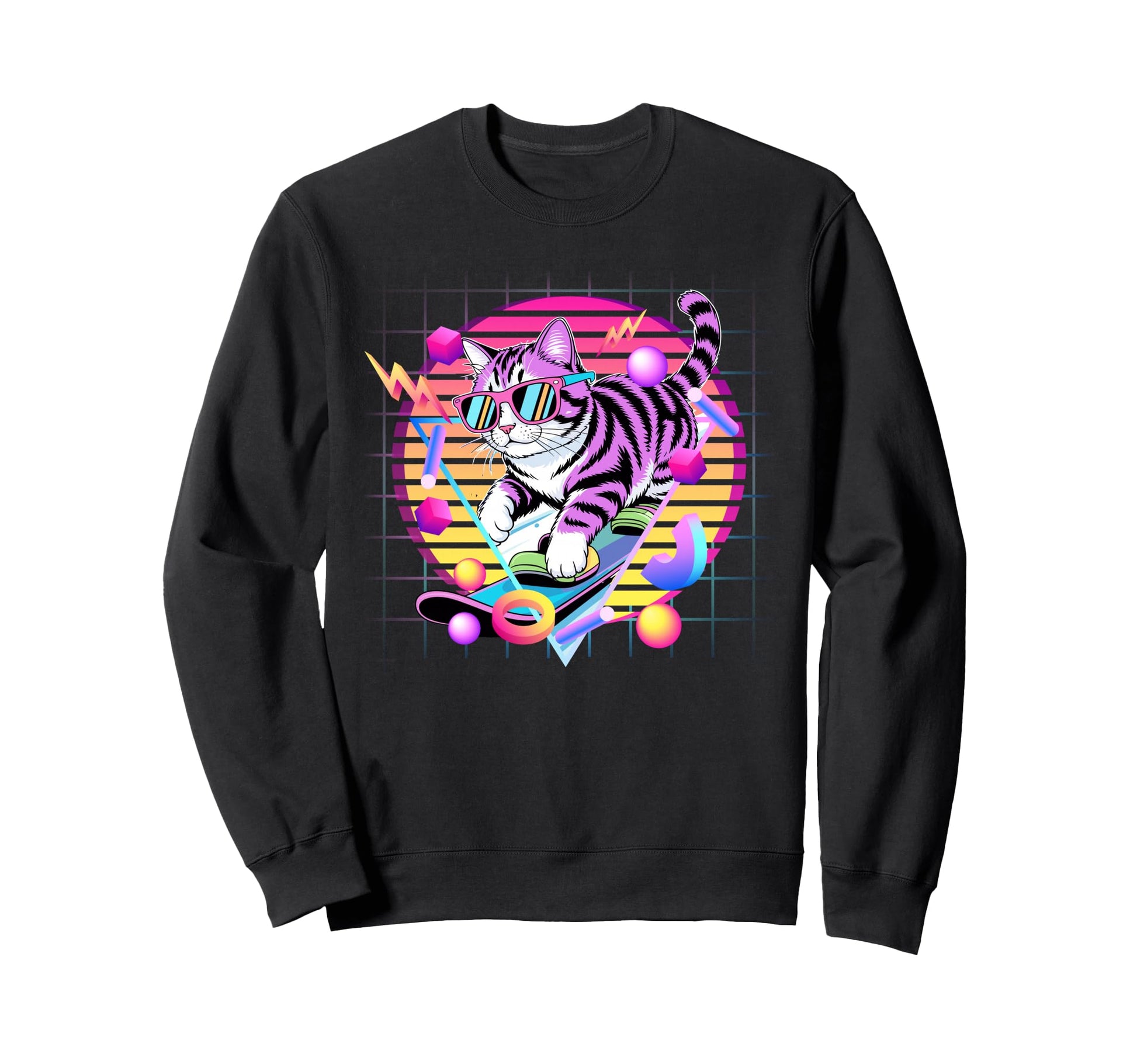 80S Cat Skateboarder Synthwave Sweatshirt - Streetwear Style Men Women - T-Shirt, Sweatshirt, Hoodie