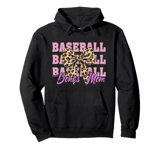 Baseball Bonus Mom Coquette Bow Leopard Hoodie - Unique Graphic for Adults - T-Shirt, Sweatshirt, Hoodie