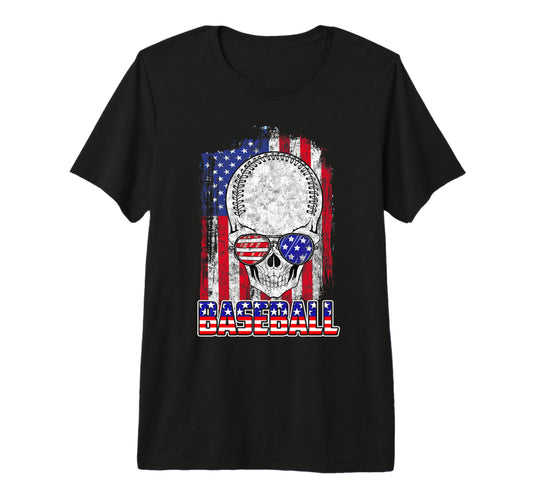 Baseball American Flag Skull T-Shirt - Fun Novelty Design Men Women - T-Shirt, Sweatshirt, Hoodie