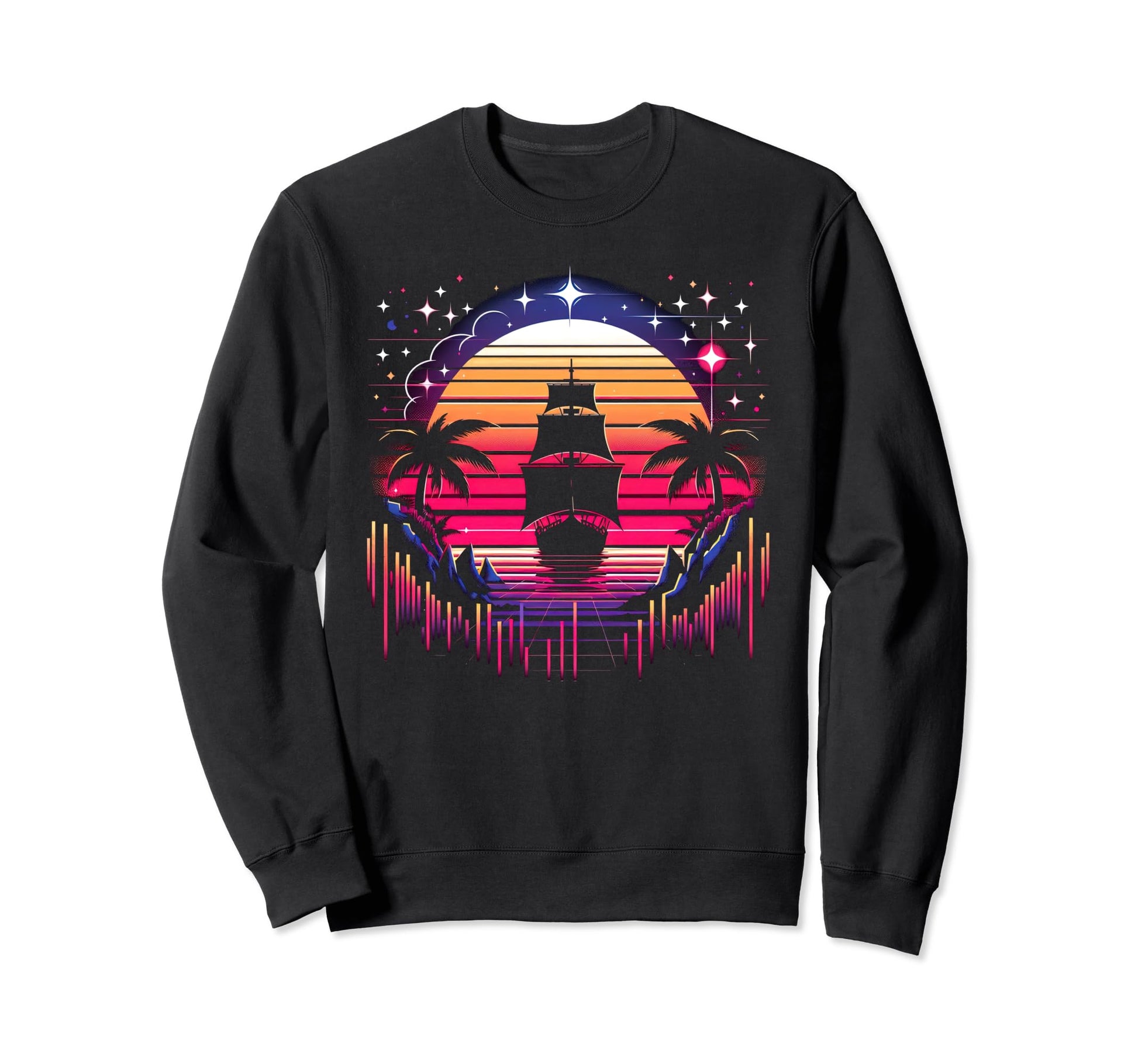 Synthwave Pirate Ship Retrowave Sunset Sweatshirt - Unique Graphic Unisex - T-Shirt, Sweatshirt, Hoodie