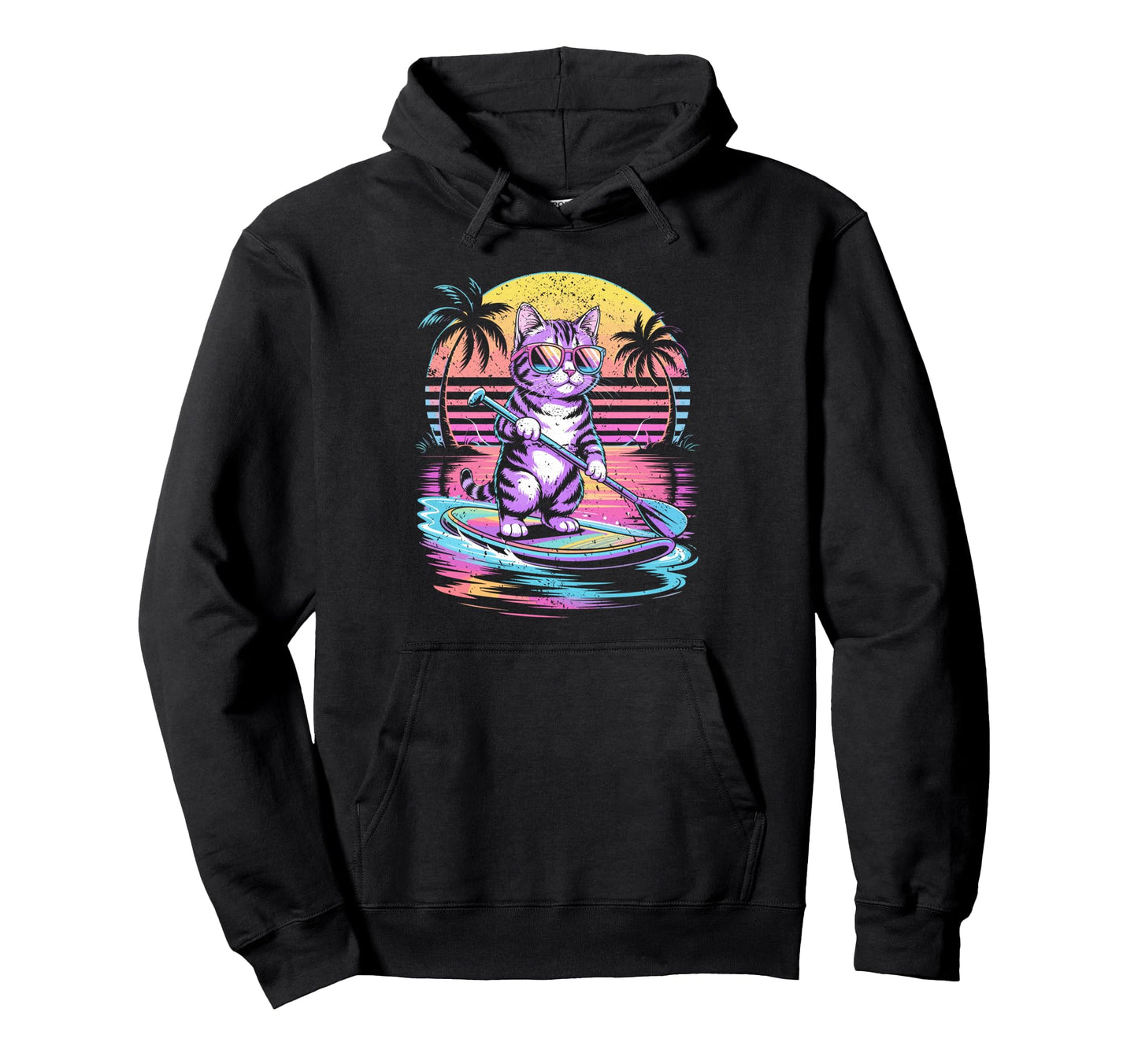 Cat Paddleboarding Sunset 80S Synthwave Hoodie - Graphic Print Men Women - T-Shirt, Sweatshirt, Hoodie