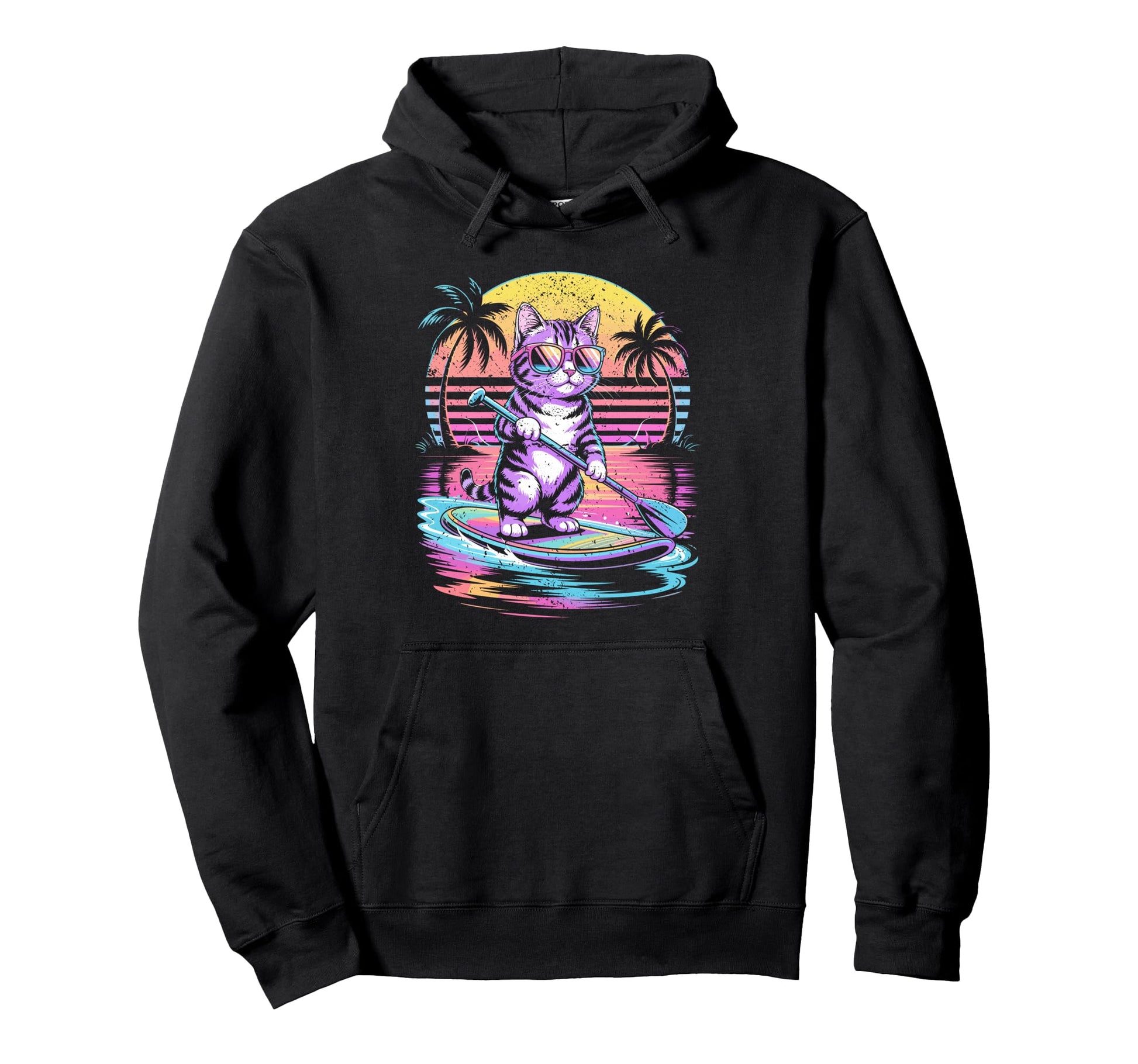 Cat Paddleboarding Sunset 80S Synthwave Hoodie - Graphic Print Men Women - T-Shirt, Sweatshirt, Hoodie