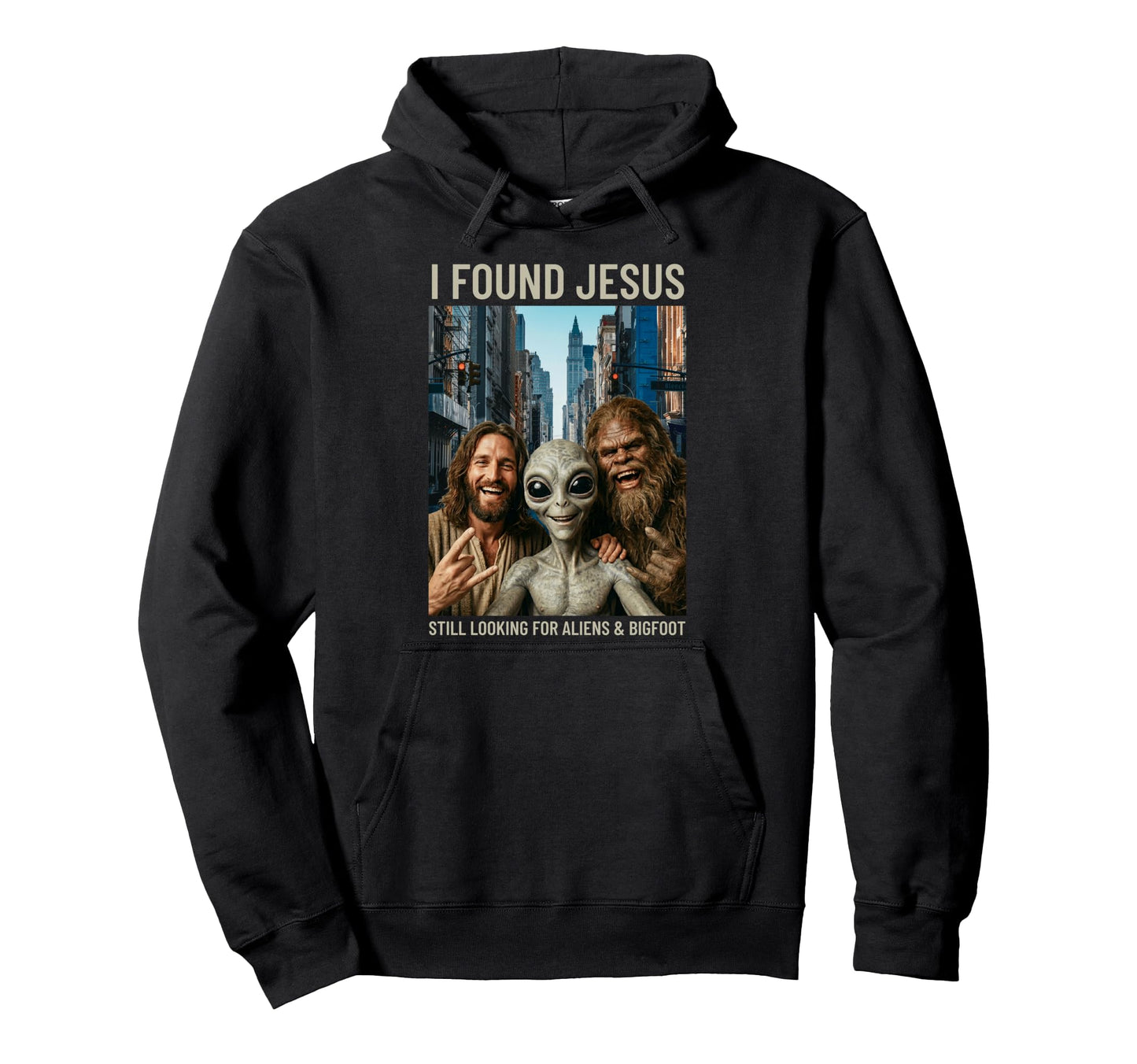 Funny Bigfoot Alien Jesus Rock Hand Sign Hoodie - Novelty Apparel Unisex - T-Shirt, Sweatshirt, Hoodie
