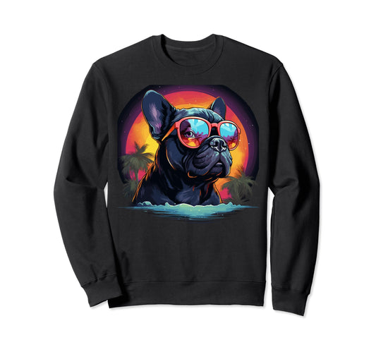 80S Synthwave French Bulldog Sweatshirt - Custom Art Print Unisex - T-Shirt, Sweatshirt, Hoodie