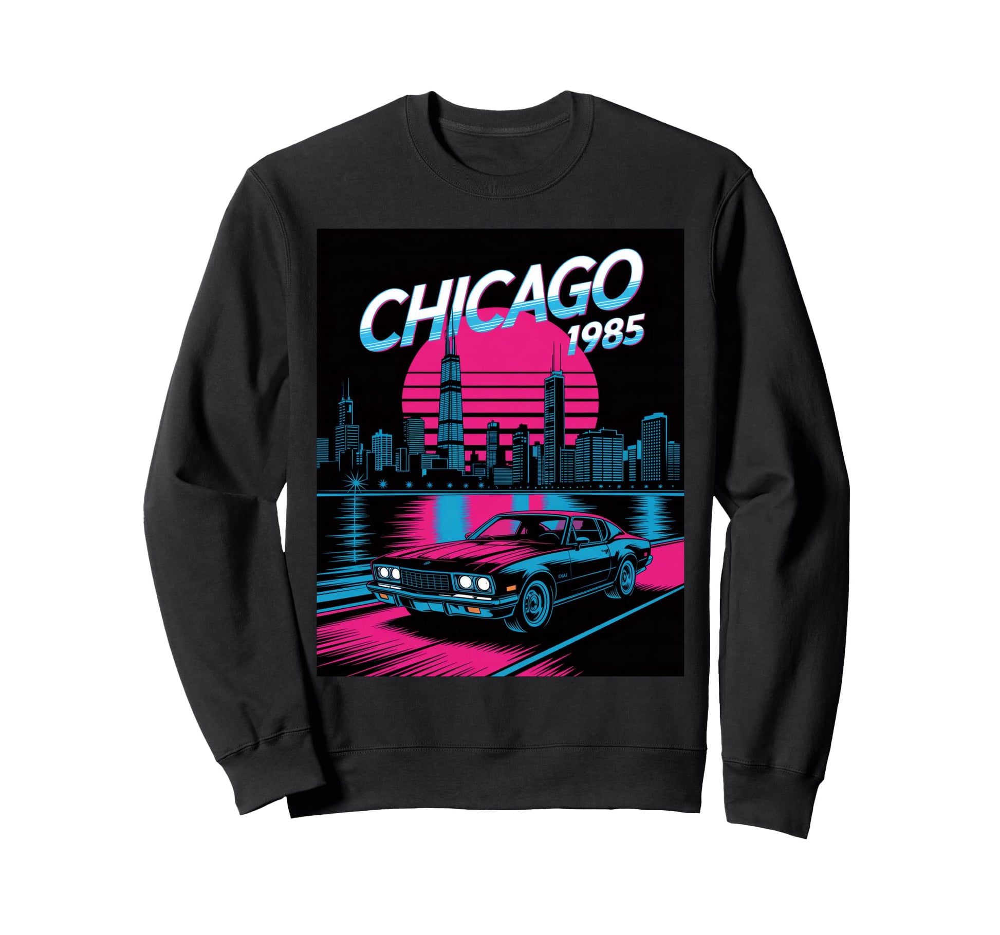 Chicago 1985 Muscle Car Skyline Sweatshirt - Custom Art Print Men Women - T-Shirt, Sweatshirt, Hoodie