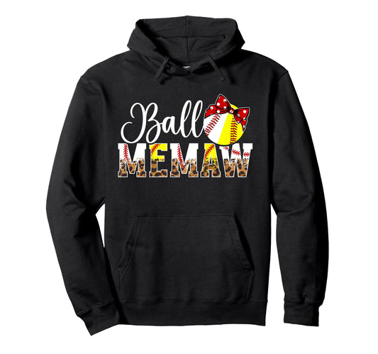 Ball Memaw Leopard Softball Baseball Hoodie - Novelty Apparel for Adults - T-Shirt, Sweatshirt, Hoodie