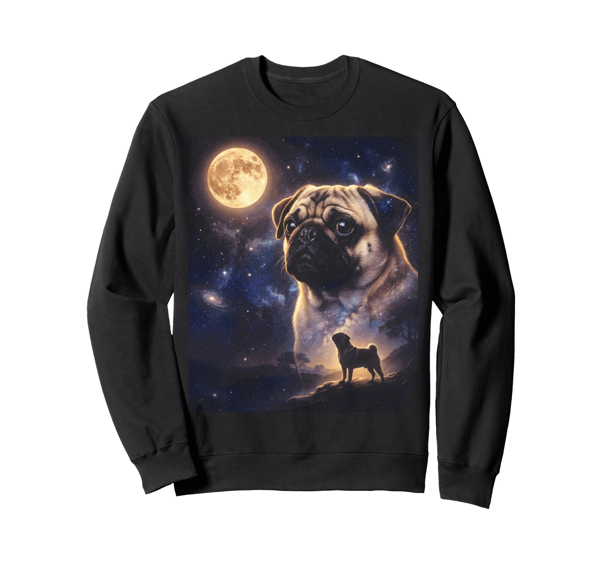Celestial Pug Full Moon Howling Sweatshirt - Aesthetic Graphic Unisex - T-Shirt, Sweatshirt, Hoodie