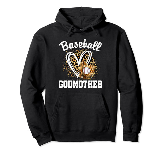 Baseball Godmother Leopard Heart Mom Mommy Hoodie - Unique Graphic Unisex - T-Shirt, Sweatshirt, Hoodie