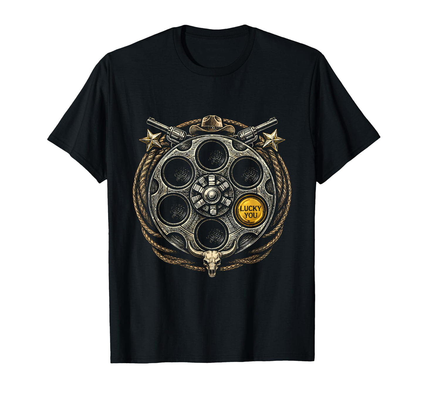 Revolver Gun Cylinder Western Cowboy Lucky T-Shirt - Graphic Print Unisex - T-Shirt, Sweatshirt, Hoodie