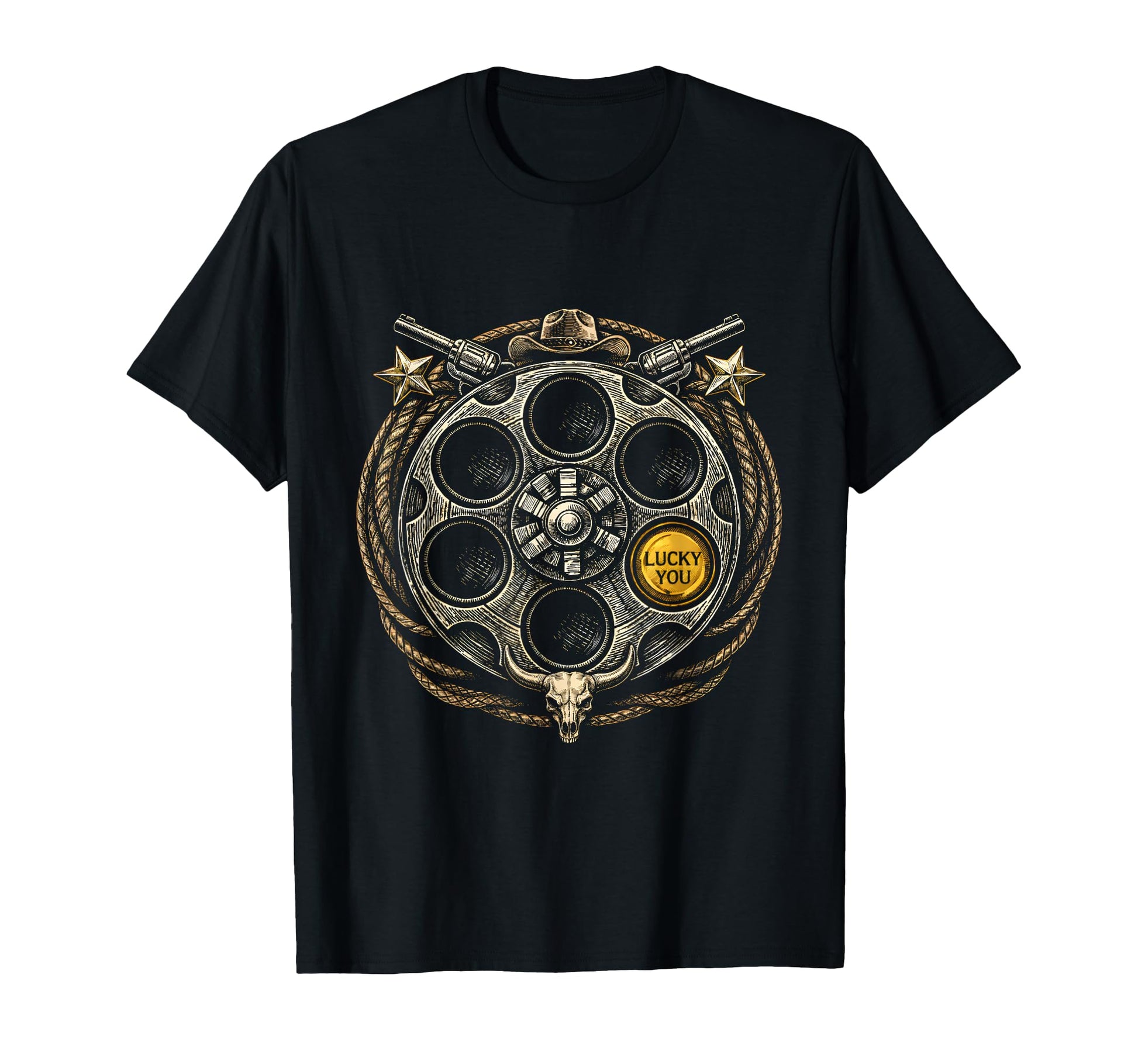 Revolver Gun Cylinder Western Cowboy Lucky T-Shirt - Graphic Print Unisex - T-Shirt, Sweatshirt, Hoodie