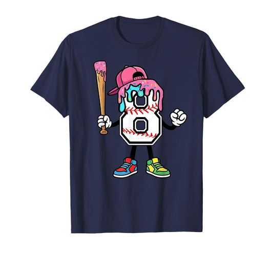 8Th Birthday Baseball Ice Cream Drip 8 T-Shirt - Unique Graphic Unisex - T-Shirt, Sweatshirt, Hoodie