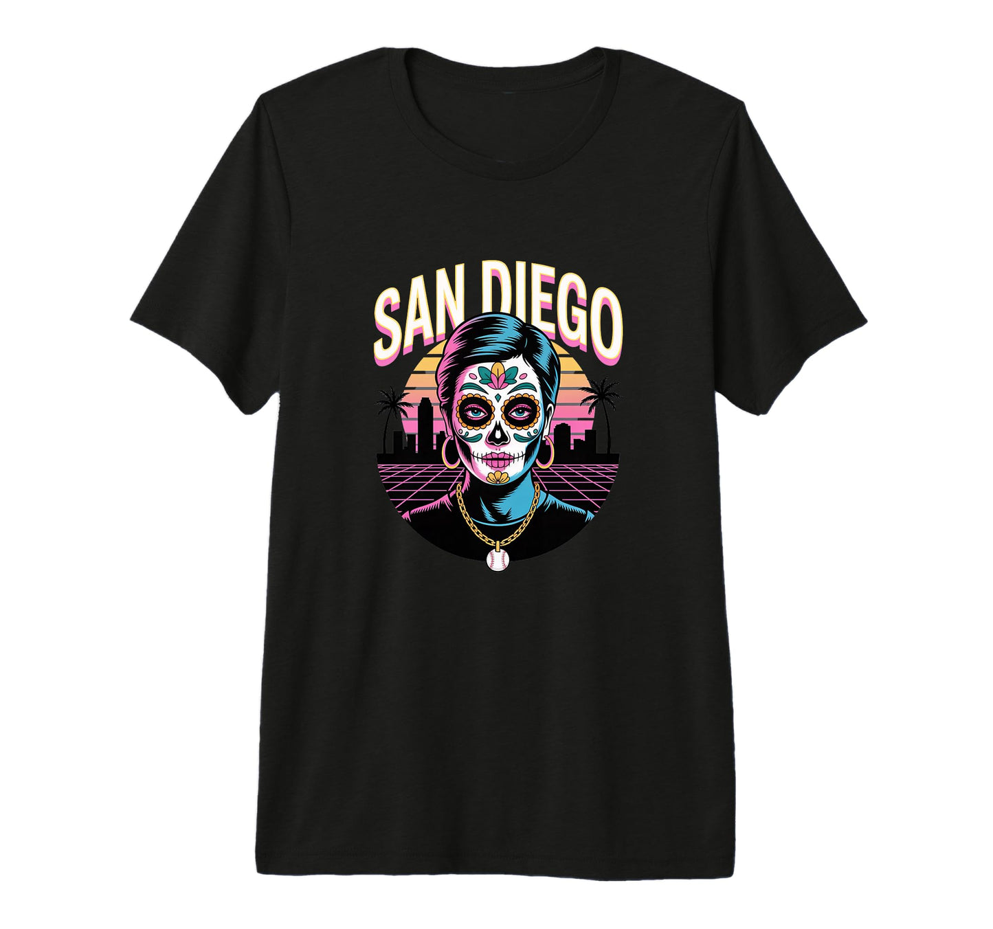 San Diego Sugar Skull Synthwave T-Shirt - Graphic Print for Adults - T-Shirt, Sweatshirt, Hoodie