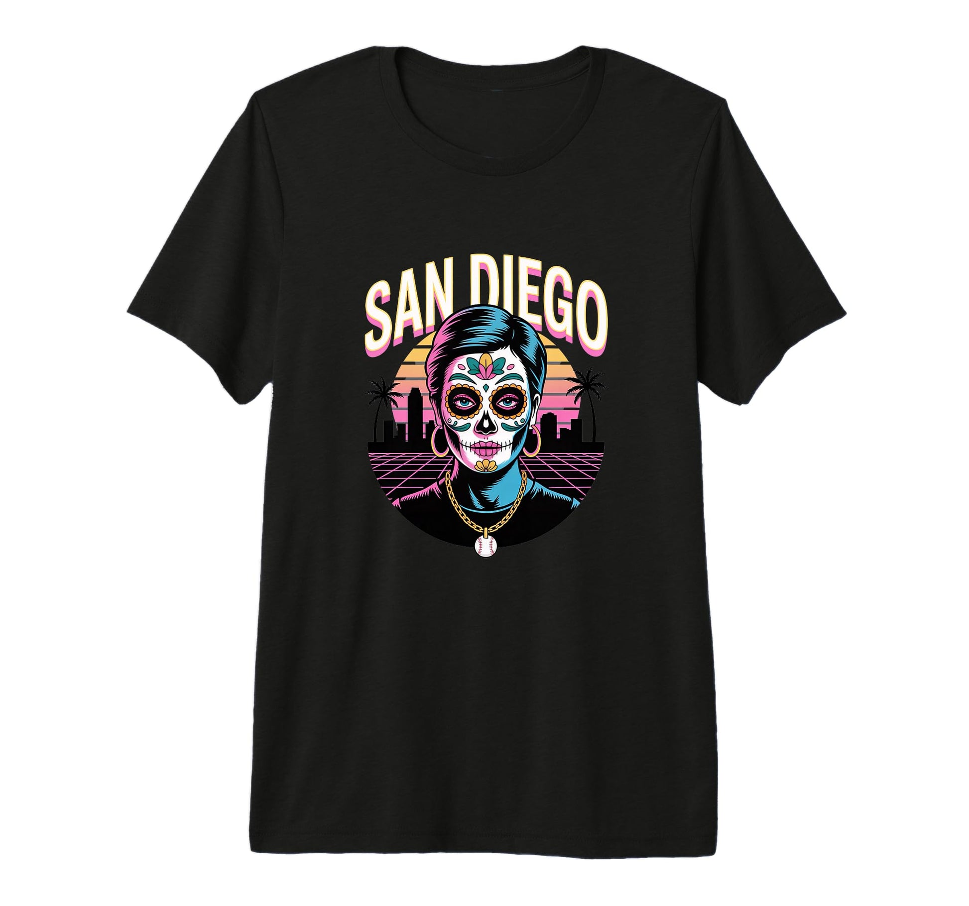 San Diego Sugar Skull Synthwave T-Shirt - Graphic Print for Adults - T-Shirt, Sweatshirt, Hoodie