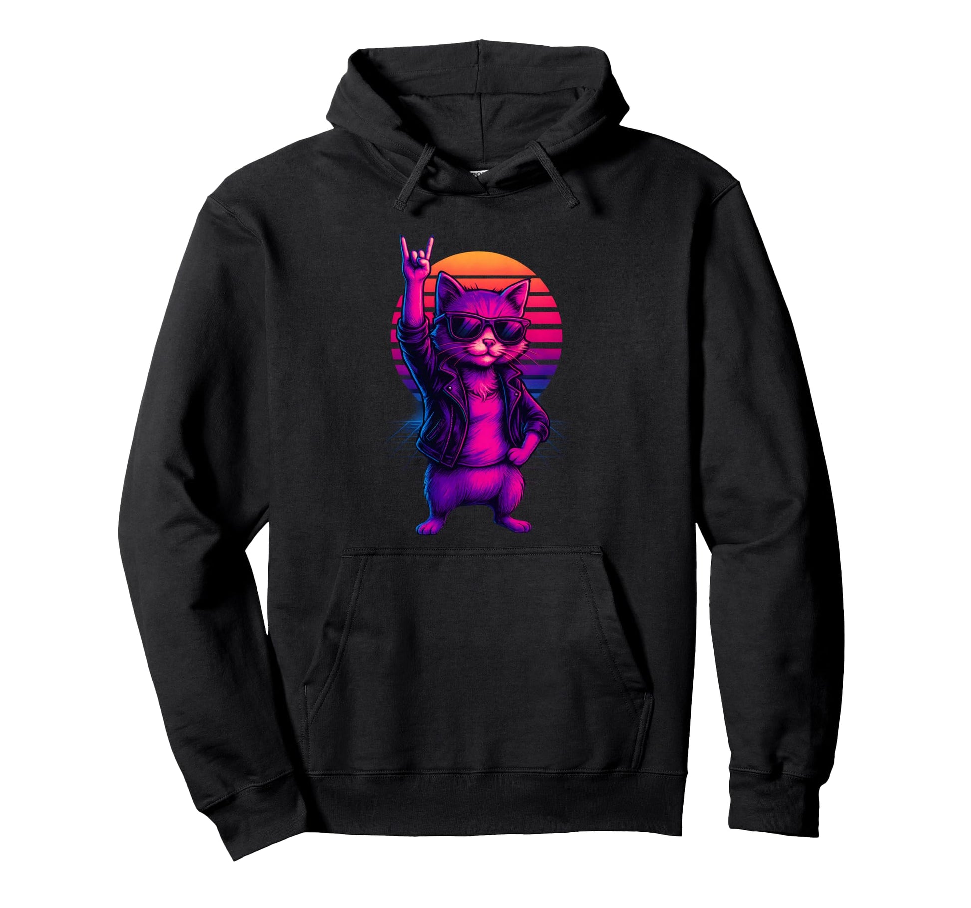 Synthwave Tomcat Cat 80S Rock Sunset Hoodie - Custom Art Print for Adults - T-Shirt, Sweatshirt, Hoodie