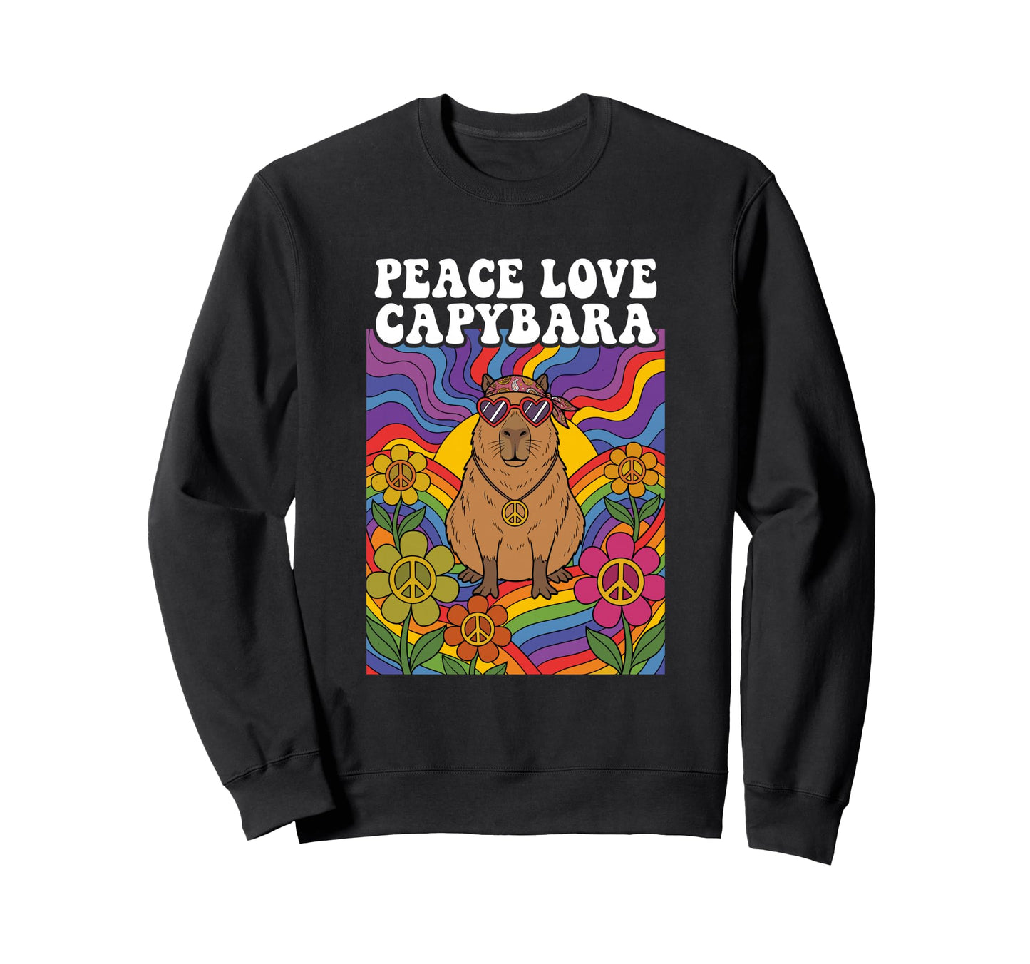 Hippie Capybara 60S 70S Peace Sign Sweatshirt - Graphic Print Unisex - T-Shirt, Sweatshirt, Hoodie