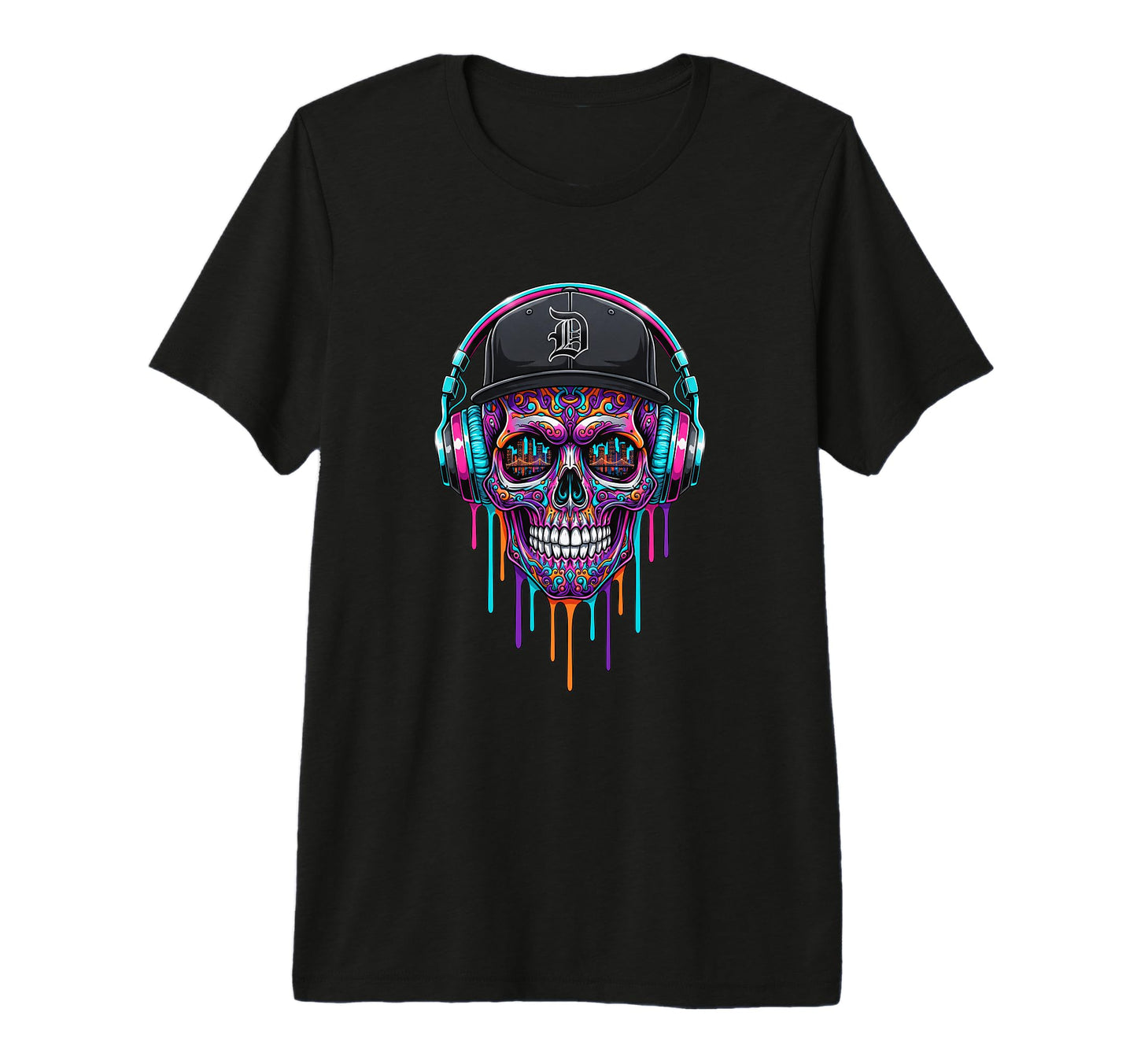 Baseball Drip Skull Headphones Cap T-Shirt - Novelty Apparel for Adults - T-Shirt, Sweatshirt, Hoodie