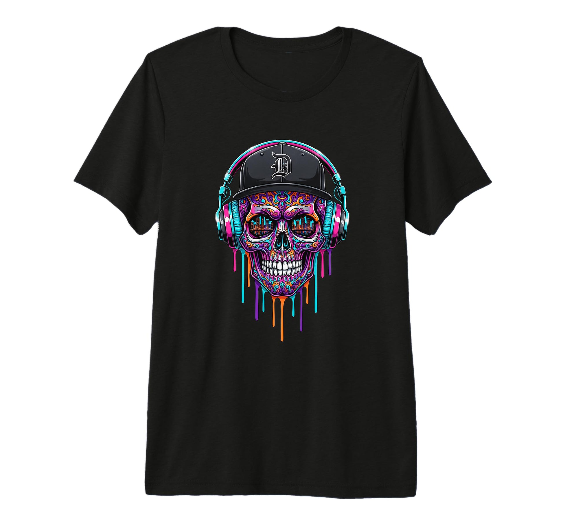 Baseball Drip Skull Headphones Cap T-Shirt - Novelty Apparel for Adults - T-Shirt, Sweatshirt, Hoodie