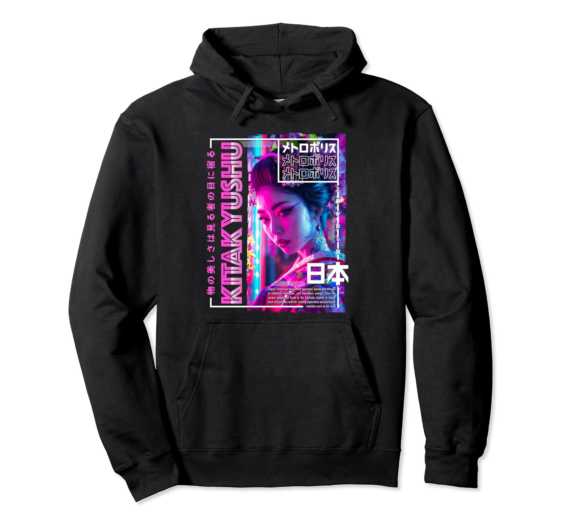 Kitakyushu City 80S Synthwave Geisha Hoodie - Trendy Graphic Men Women - T-Shirt, Sweatshirt, Hoodie