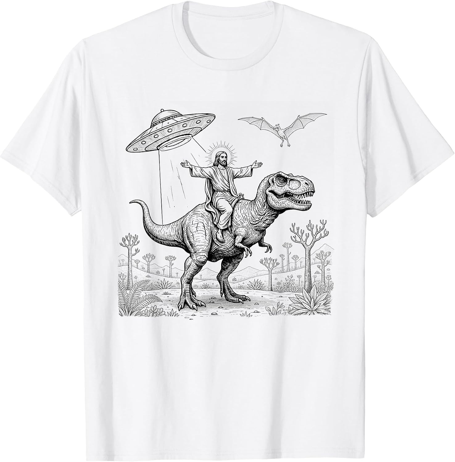 Funny Jesus God Lover Dinosaur UFO Alien - Adult & Kids T-Shirts, Sweatshirts & Hoodies apparel design preview 1