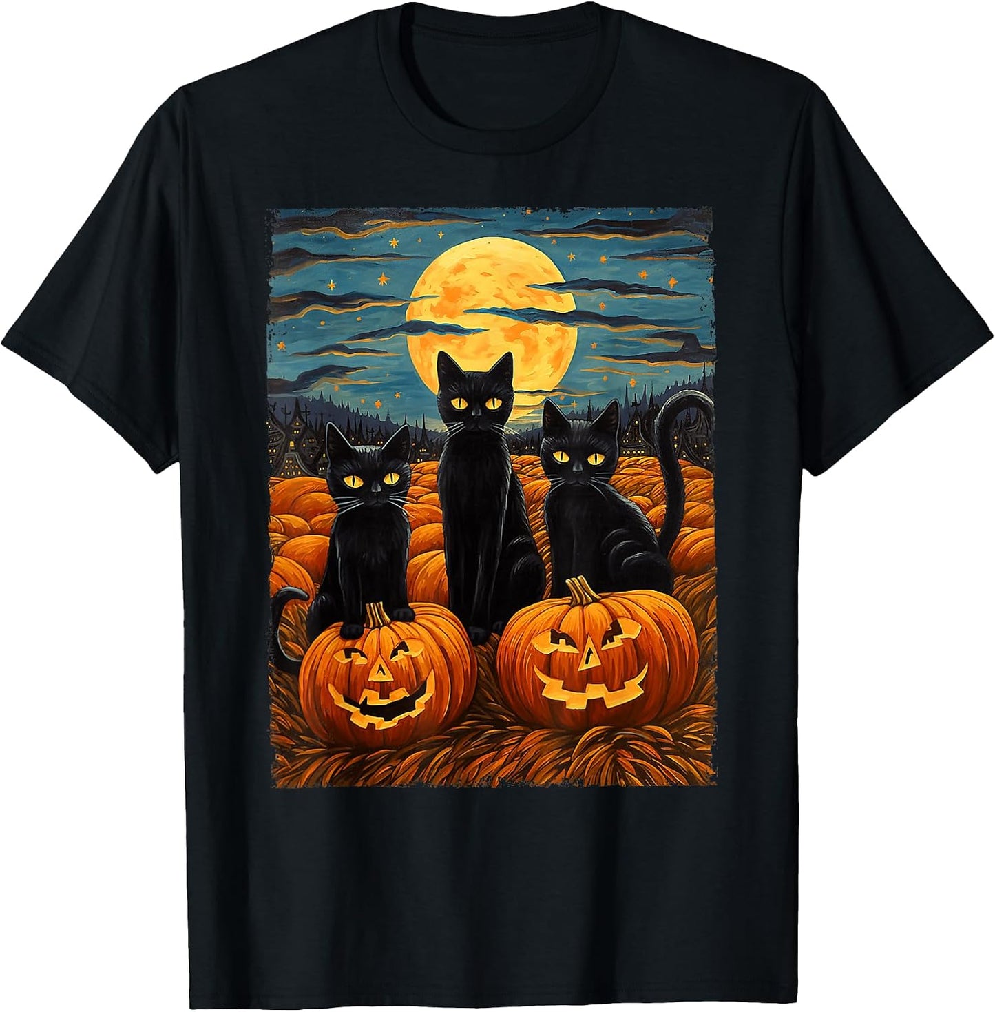Black Cat Halloween Lovers Starry Night Van Gogh - Adult & Kids T-Shirts, Sweatshirts & Hoodies apparel design preview 1
