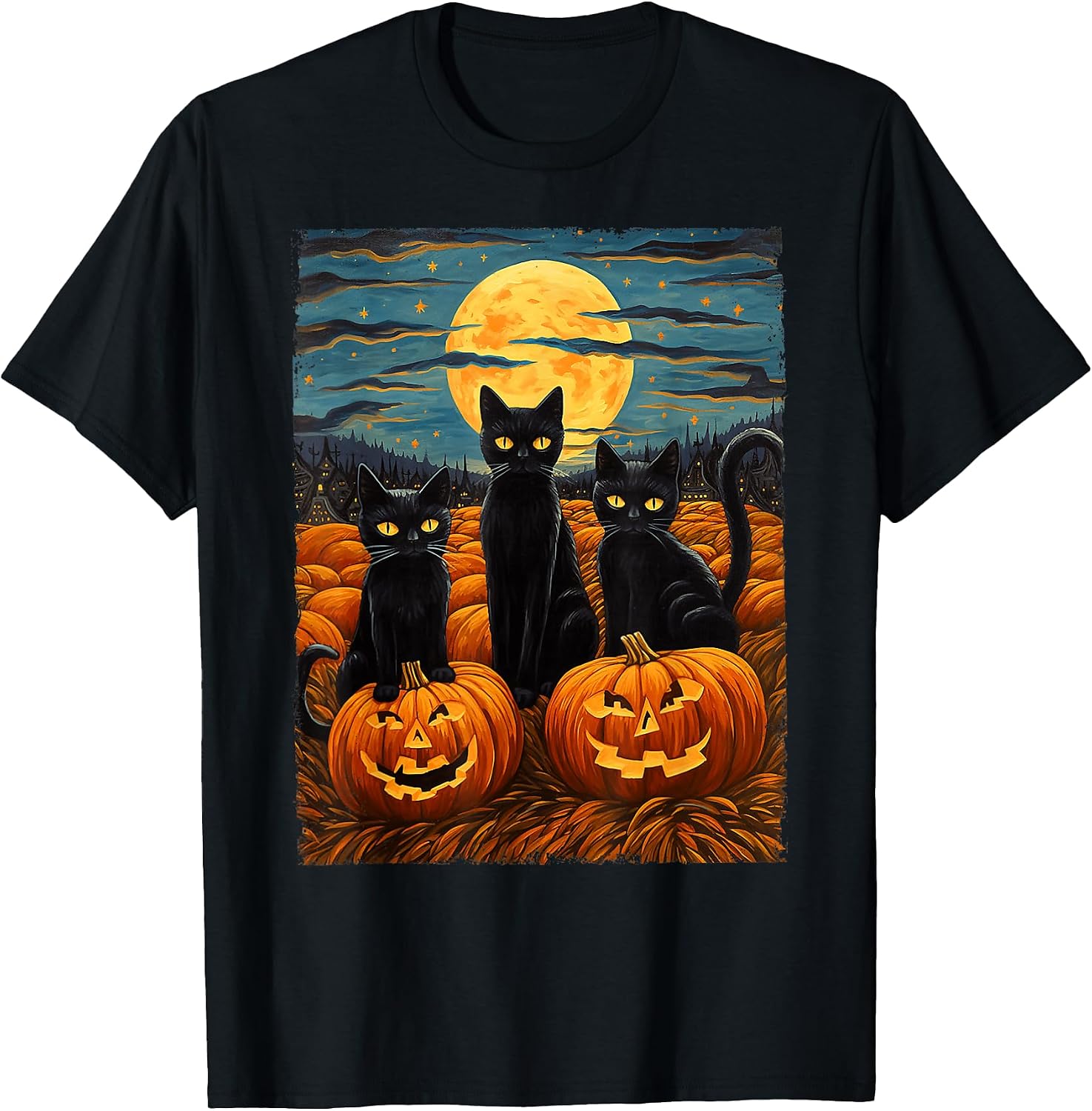 Black Cat Halloween Lovers Starry Night Van Gogh - Adult & Kids T-Shirts, Sweatshirts & Hoodies apparel design preview 1