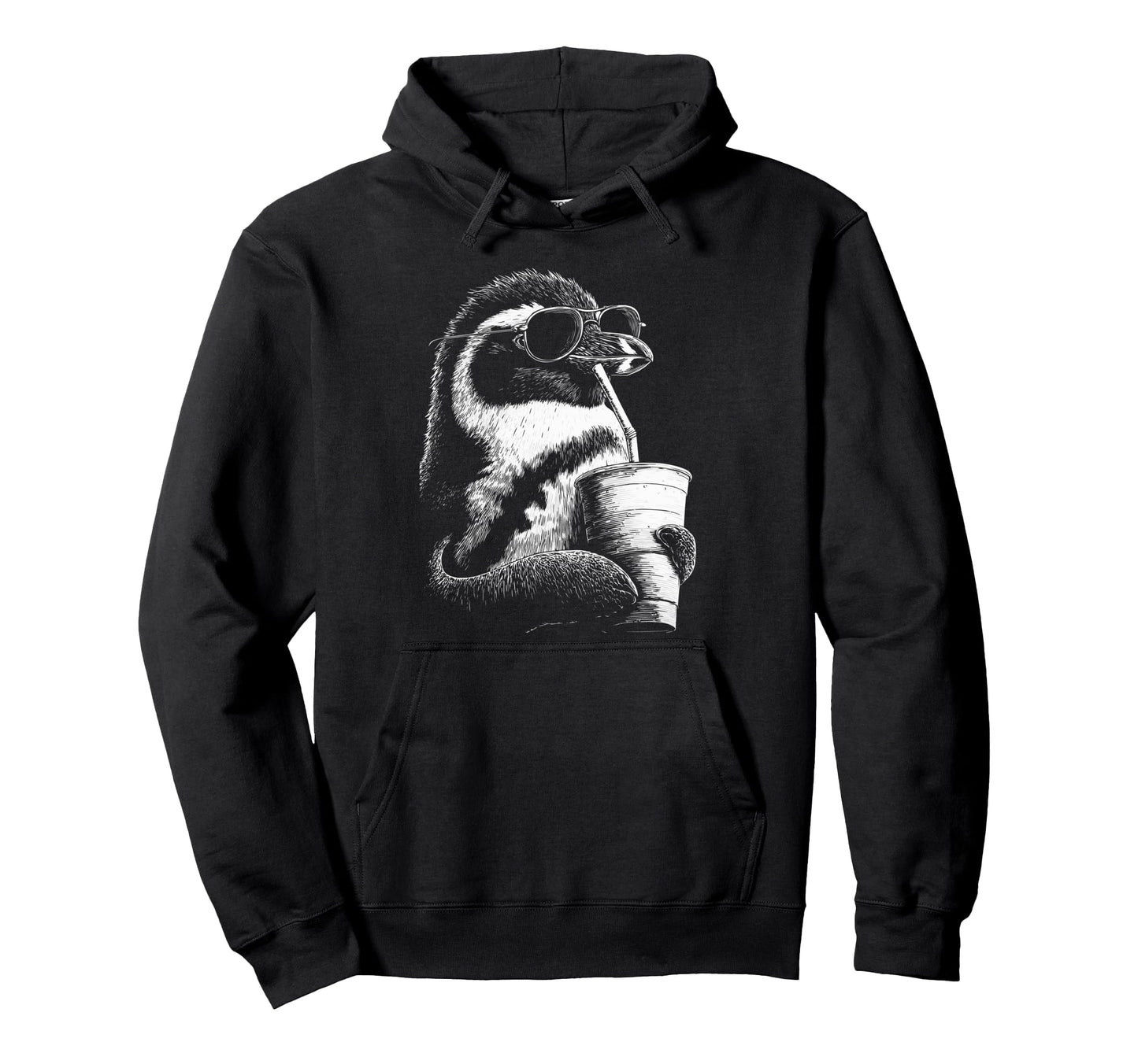 Penguin Drinking Iced Coffee Funny Hoodie - Minimalist Print for Adults - T-Shirt, Sweatshirt, Hoodie