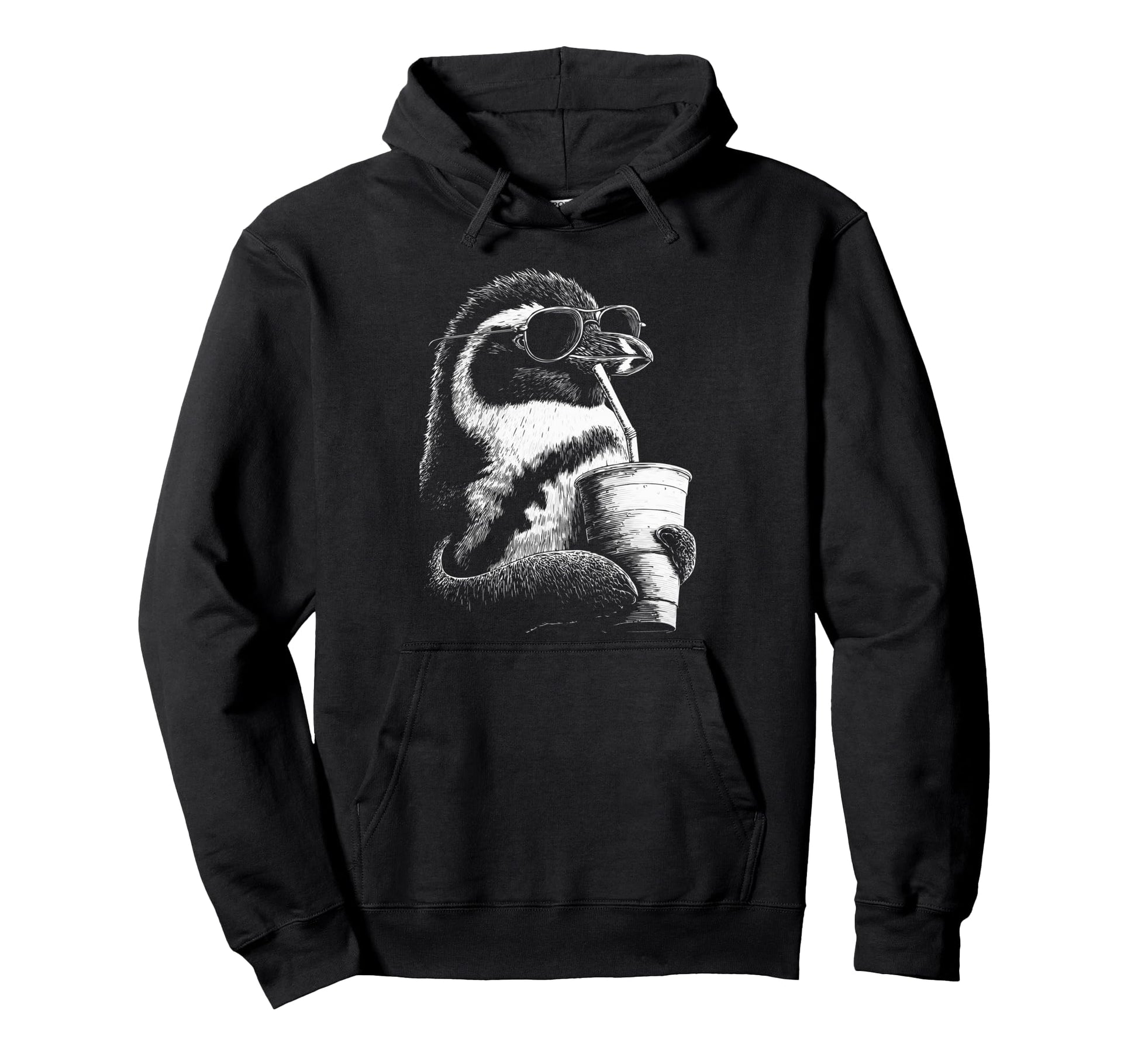 Penguin Drinking Iced Coffee Funny Hoodie - Minimalist Print for Adults - T-Shirt, Sweatshirt, Hoodie
