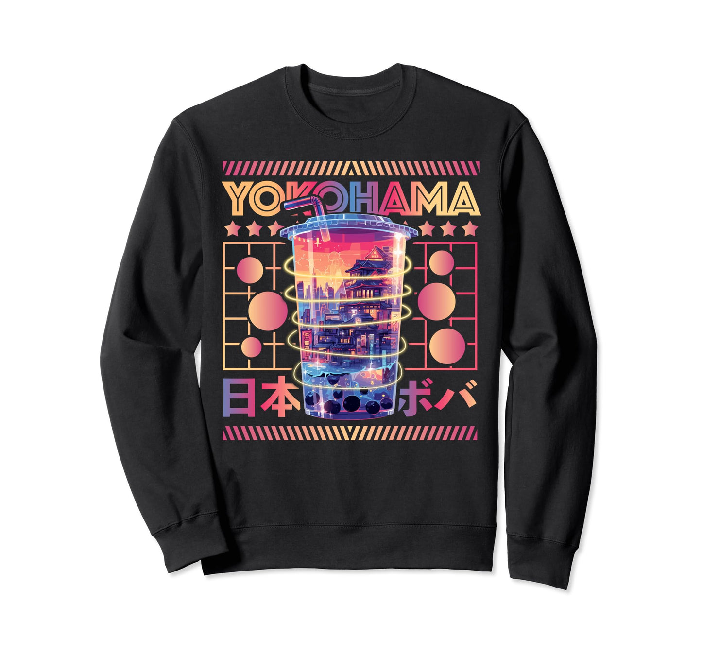 Yokohama City 80S Synthwave Boba Sweatshirt - Minimalist Print for Adults - T-Shirt, Sweatshirt, Hoodie