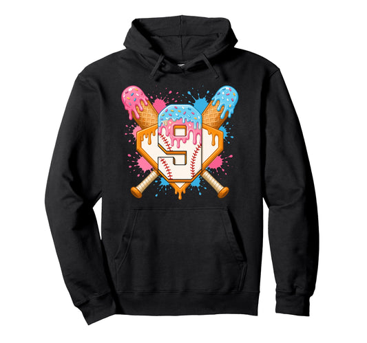 Baseball 9Th Birthday 9 Years Old Ice Hoodie - Trendy Graphic Men Women - T-Shirt, Sweatshirt, Hoodie