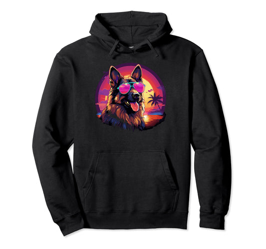 80S Synthwave German Shepherd Hoodie - Aesthetic Graphic for Adults - T-Shirt, Sweatshirt, Hoodie