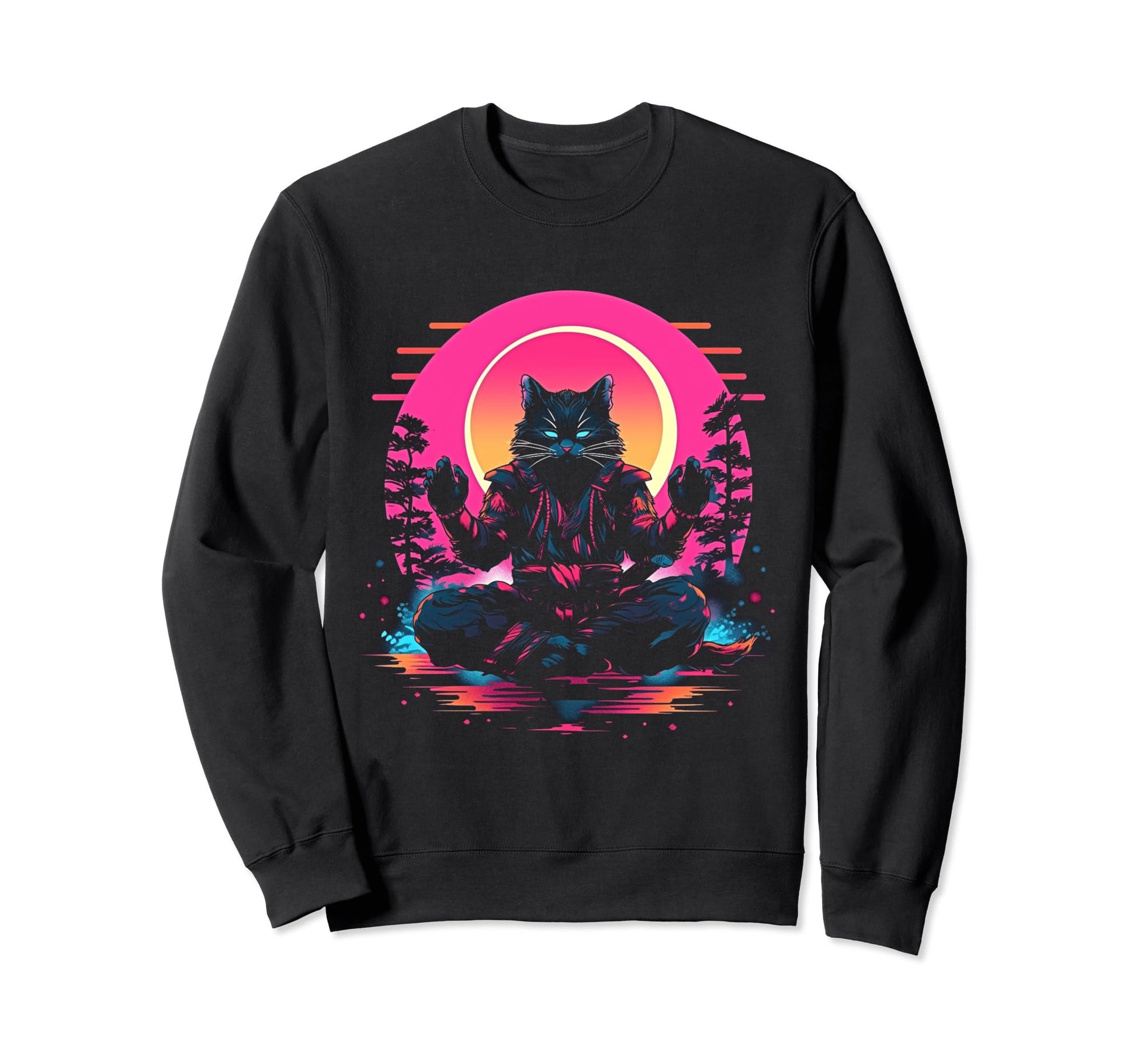Synthwave Cat Samurai Mediation Sweatshirt - Aesthetic Graphic for Adults - T-Shirt, Sweatshirt, Hoodie